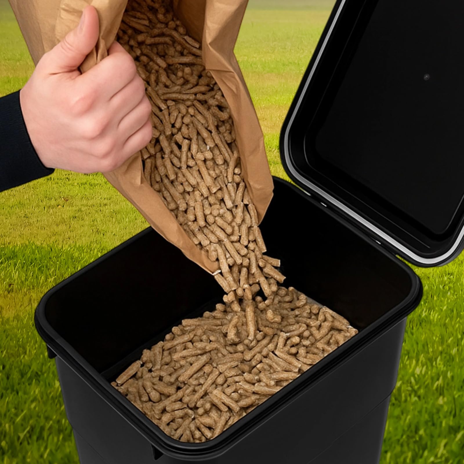 Maxdot Set di 3 contenitori secchi per pellet da 15 kg, con palette ed etichette, accessori per griglia, contenitori per pellet di legno, con adesivi aromatici, ermetici per pellet per grill