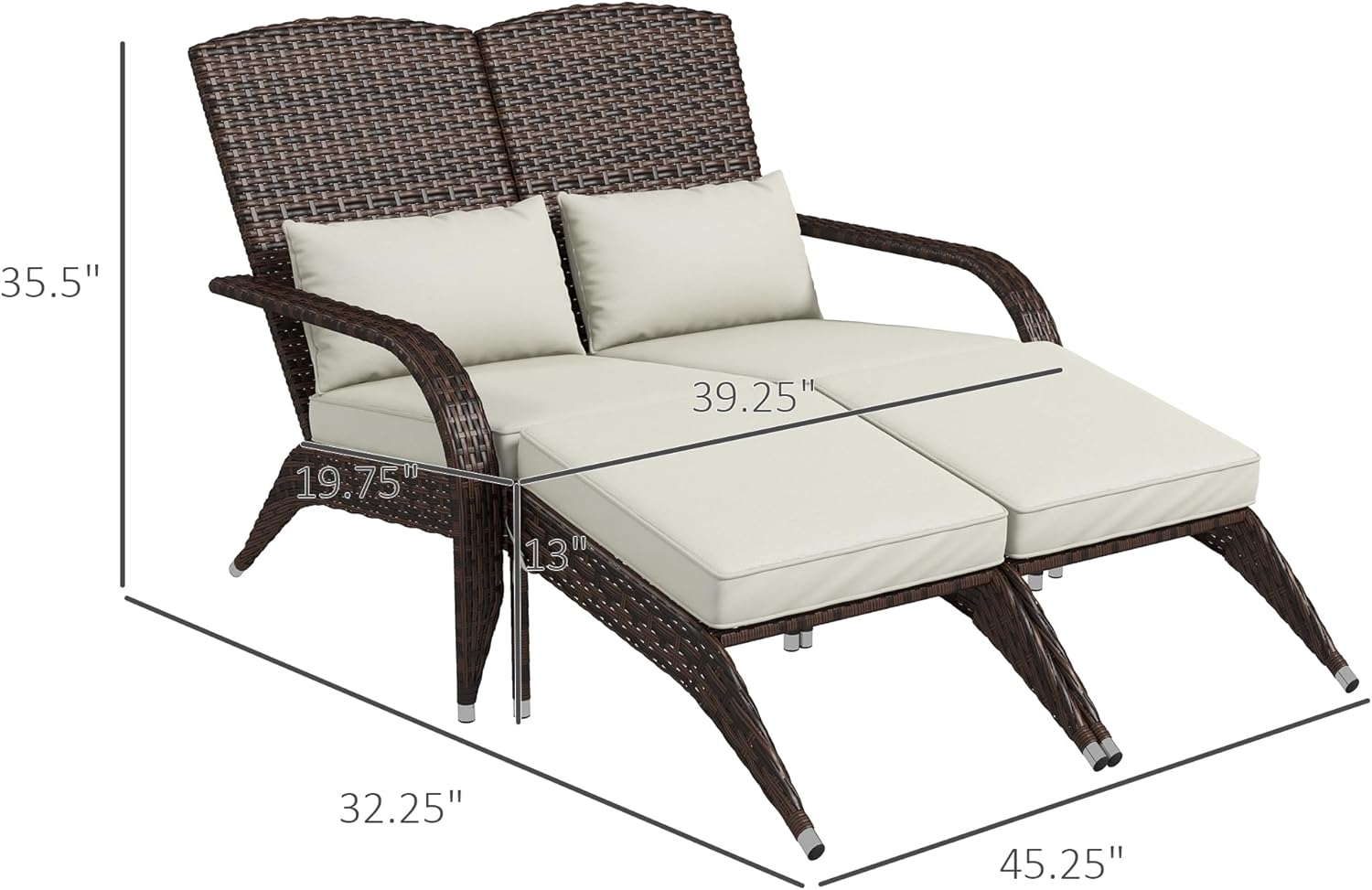 Outsunny Wicker Adirondack Chair for 2 with Cushions & Footrests, PE Rattan Double Chaise Lounge Chair, Fire Pit Chair for Porch with High-Back, Wide Armrests, Cream White