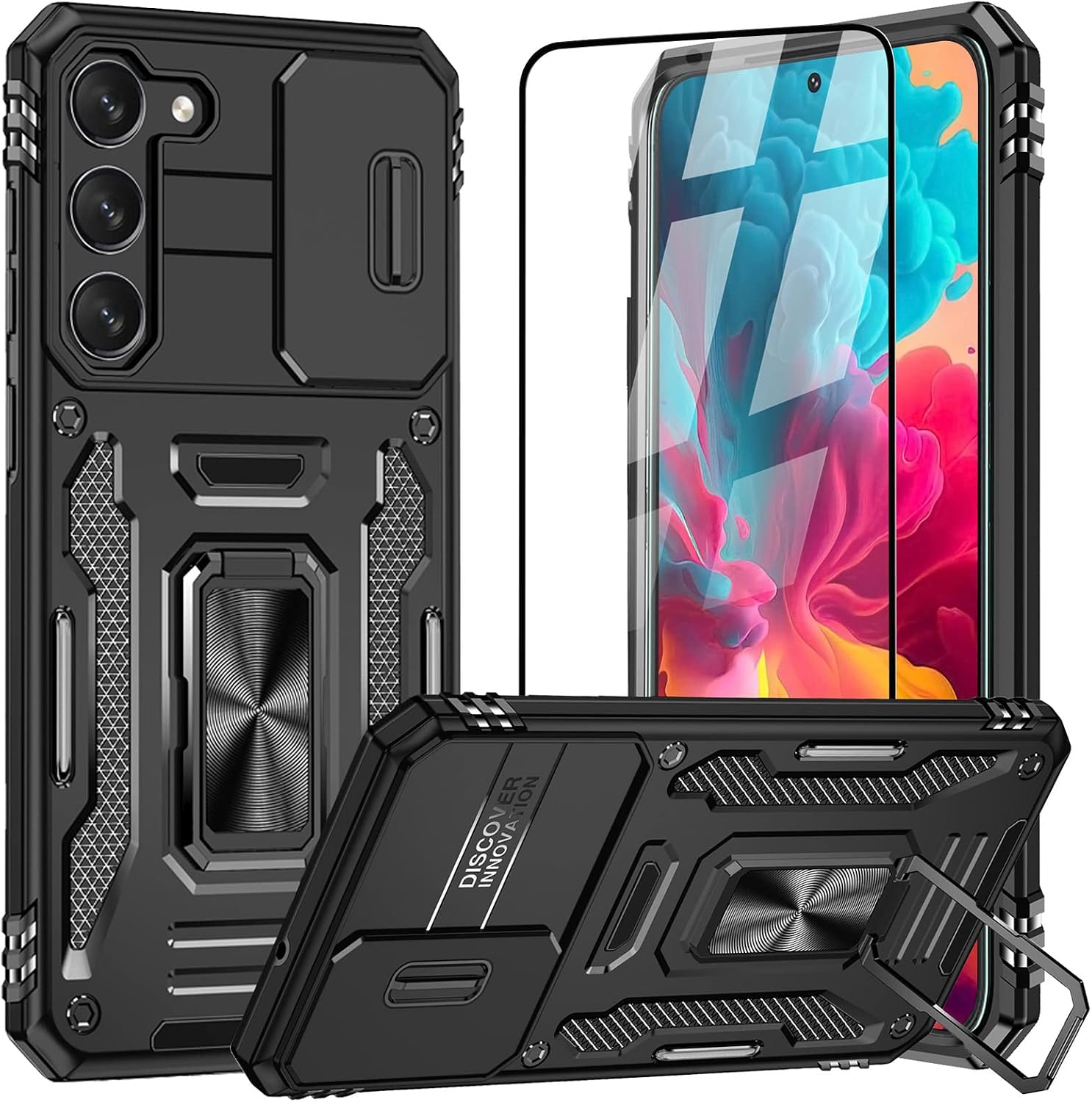 AKABEILA Case Screen Protector for OnePlus 11 Phone Case Tempered Glass Protective Film TPU PC Case Cover Rotate Stand Slide Camera Protection 6.67"