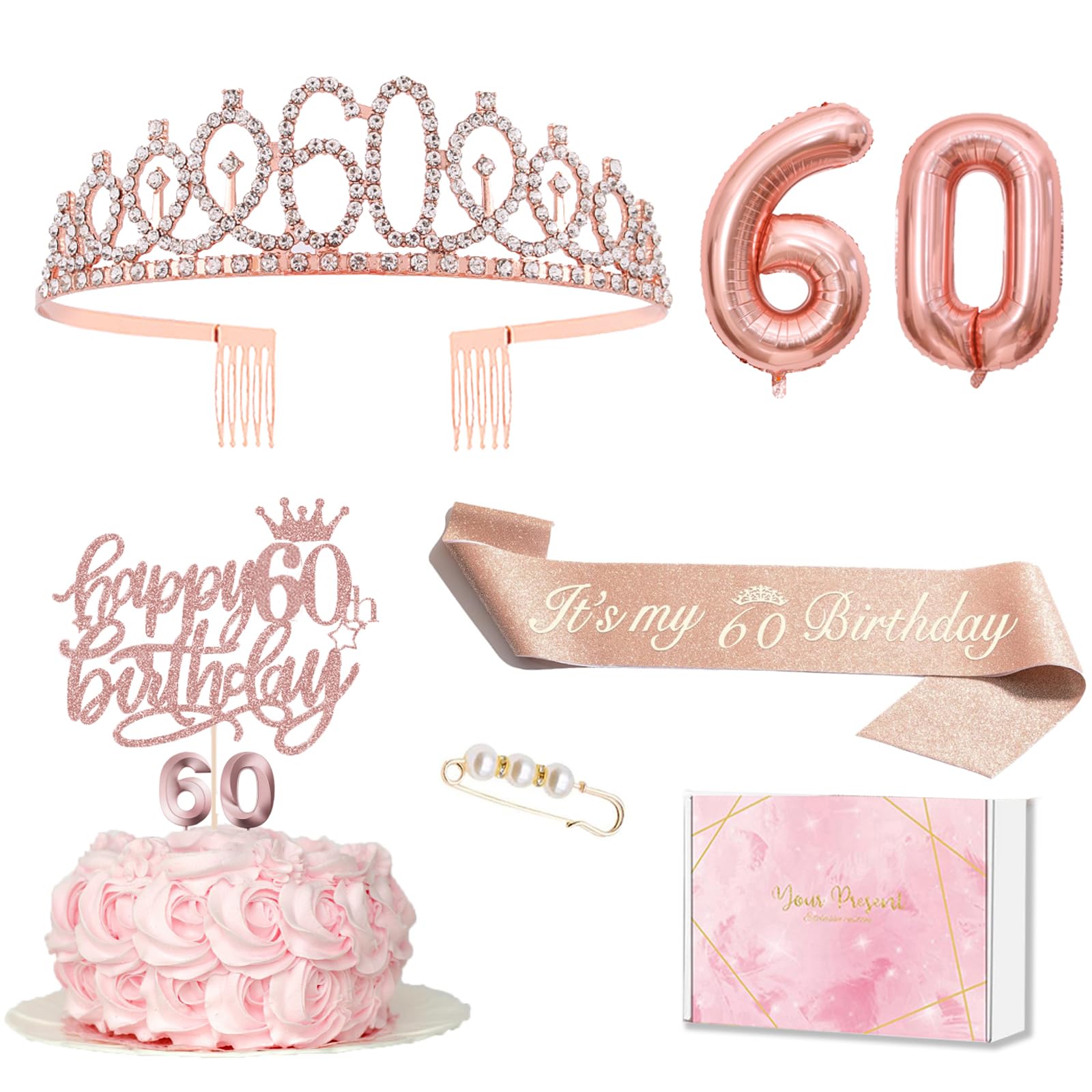 Deko 60 Geburtstag Frau, 60. Geburtstagskrone und Schärpe, Happy Birthday Tortendeko und Kerzen, Roségold Folienballon 60, Geburtstagsgeschenk für 60 Jahre Frau