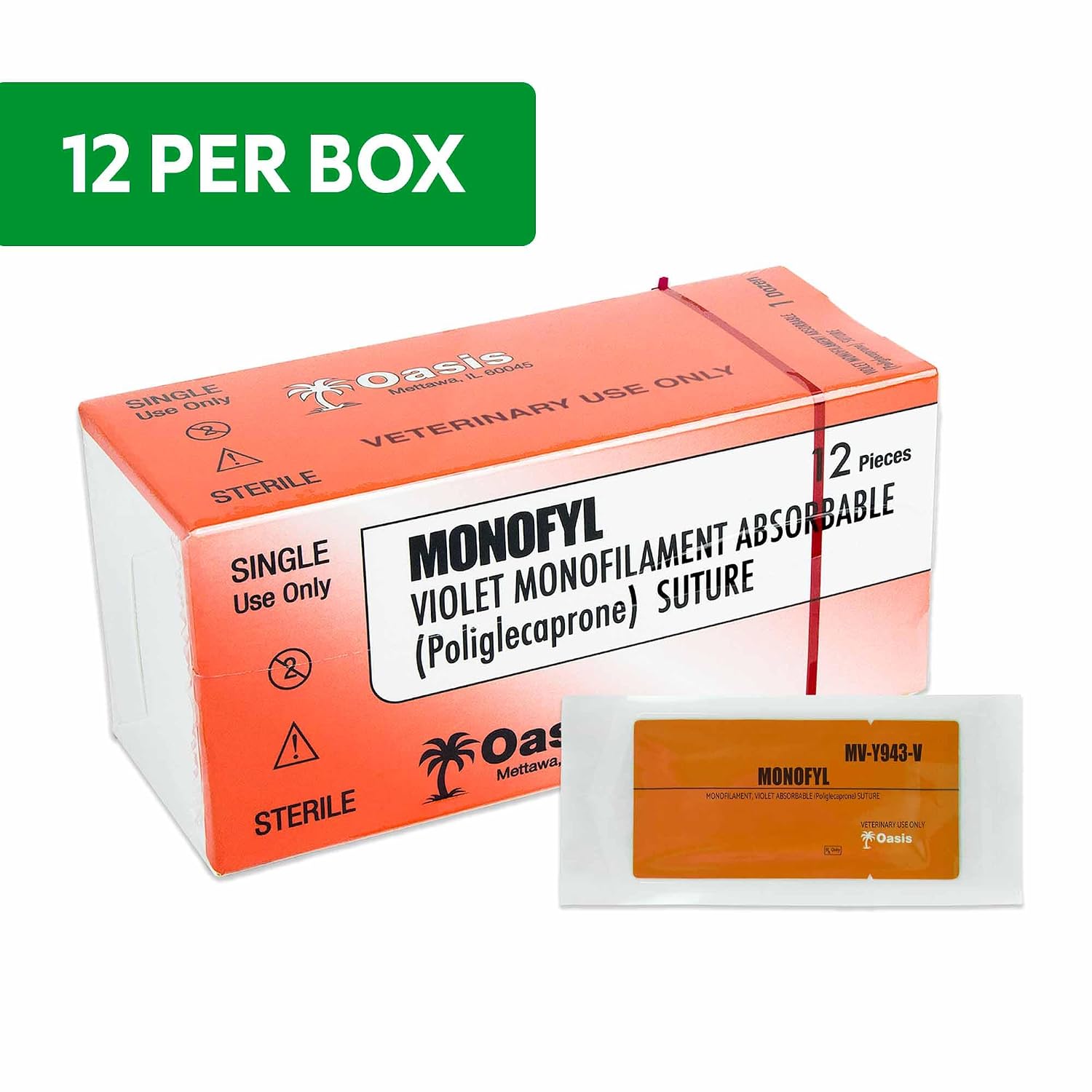 Oasis Vet Monofyl (Poliglecaprone) Synthetic Absorbable Monofilament Suture, 2-0, (FS-1) 3/8 24mm Reverse Cutting Needle, 75cm