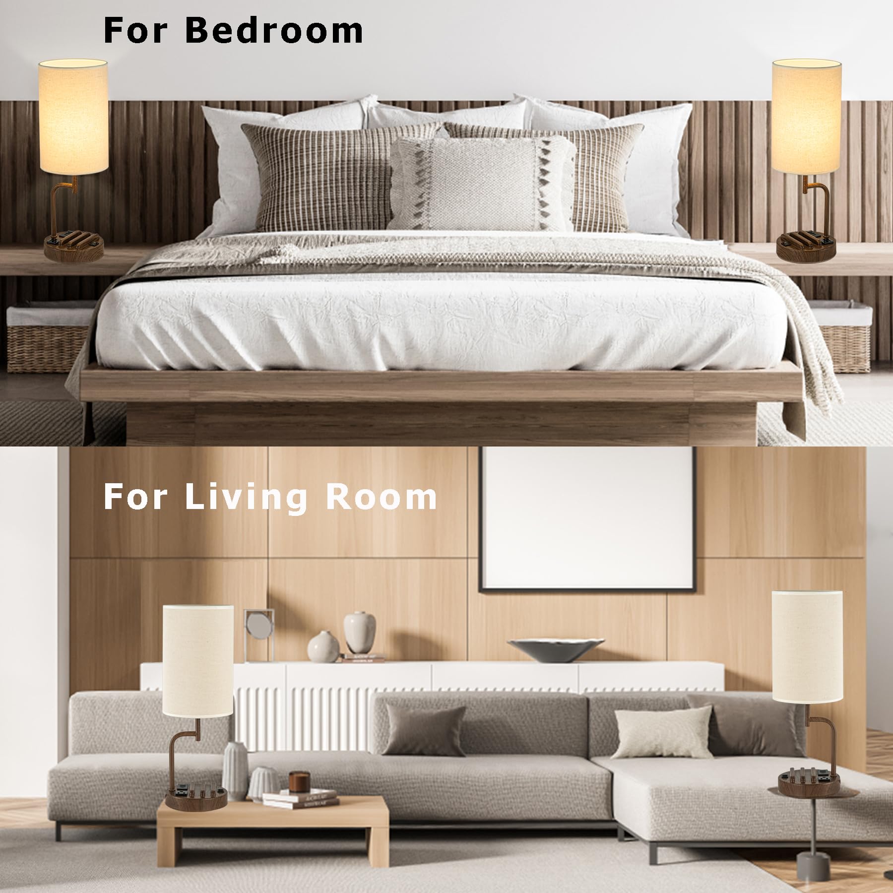 Dreamholder Lámpara de mesa con 3 puertos de carga USB, moderna lámpara de escritorio con salida de CA y soportes para teléfono, lámpara de noche perfecta para dormitorio, sala de estar, oficina