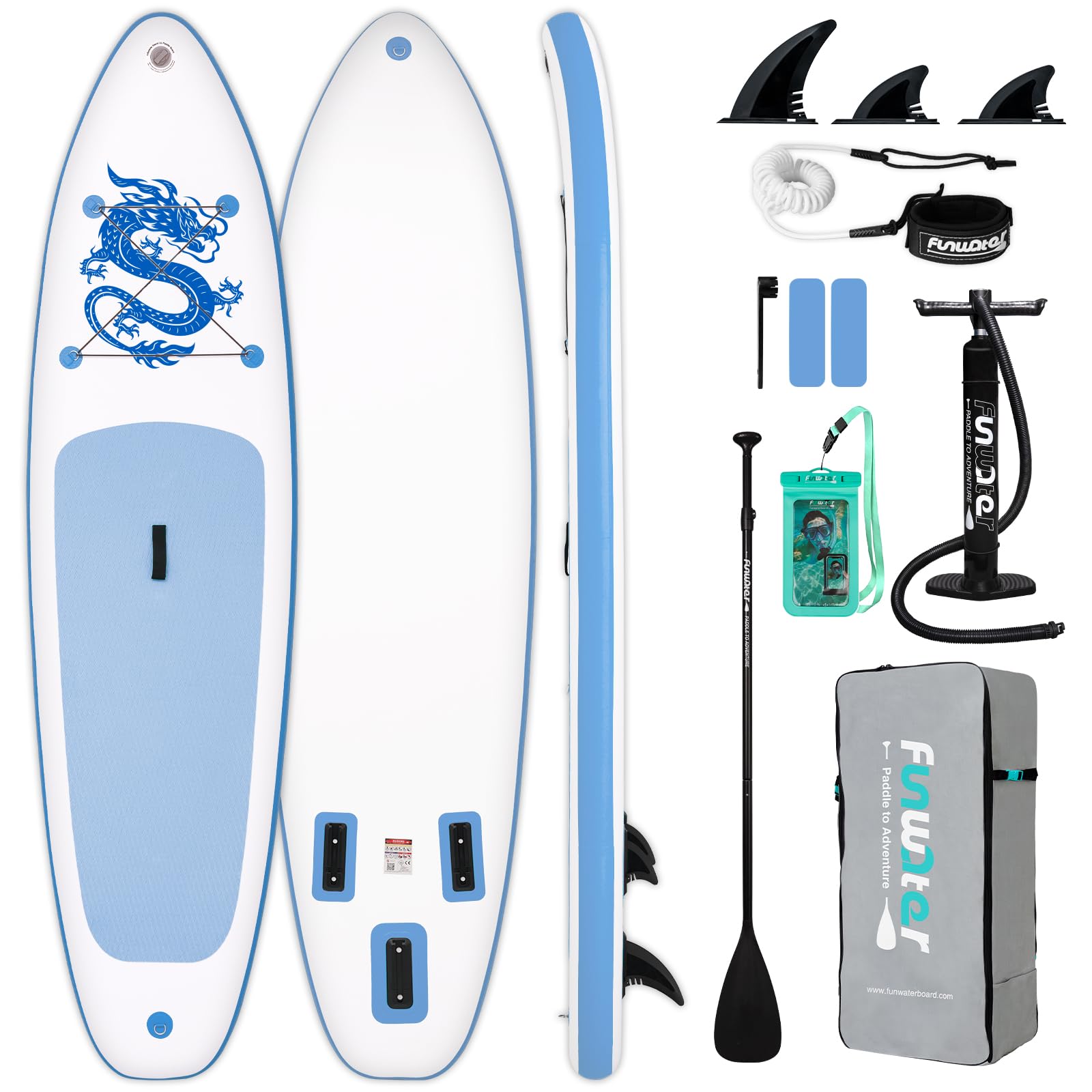 FunWater SUP Board, aufblasbares Stand-Up Paddle Board für alle Könnensstufen, ideal für Einsteiger & Familien, mit Anti-Rutsch Eva-Deck, Paddel, Pumpe & komplettem Zubehör