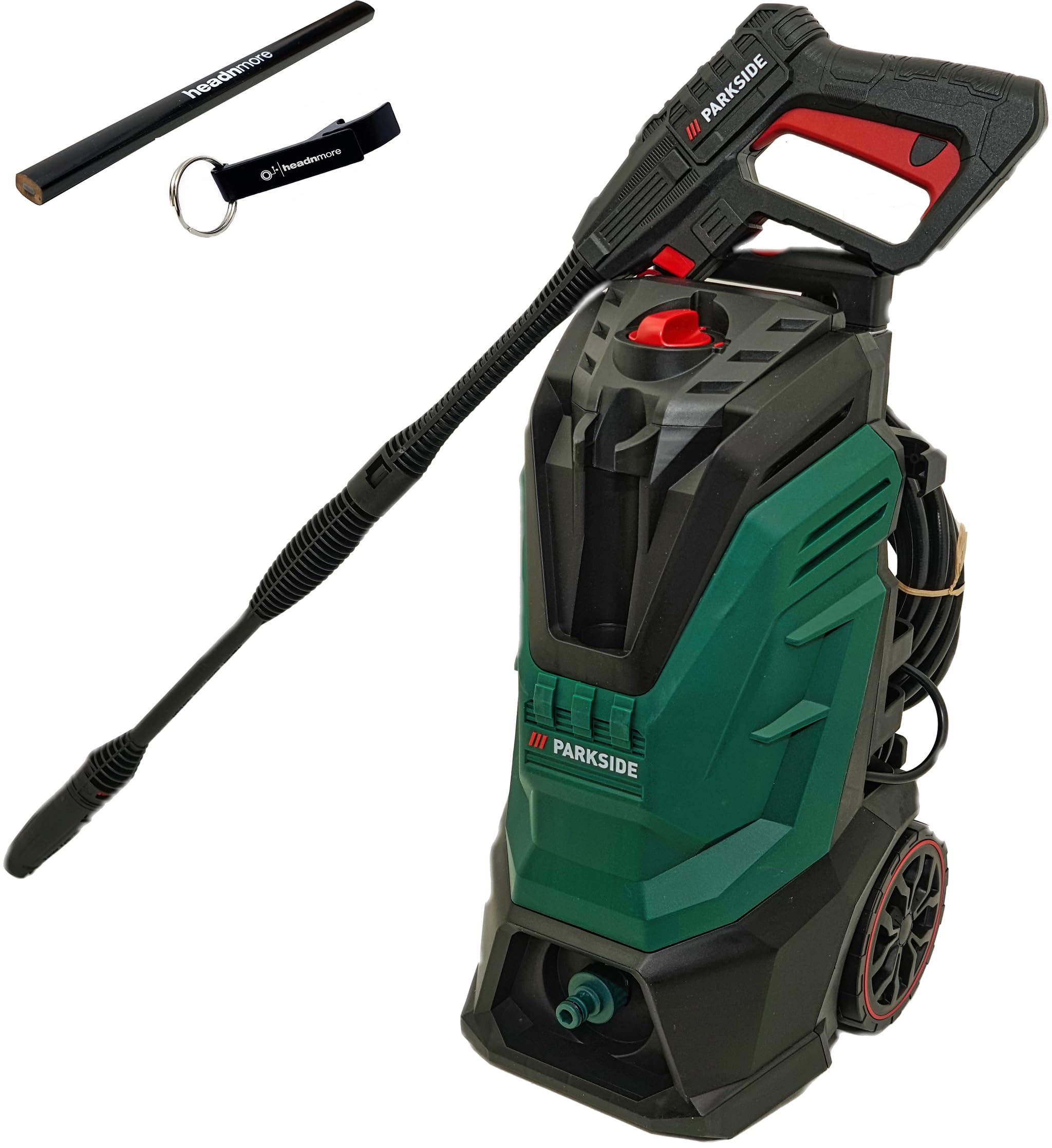 Oferta HEADNMORE para hidrolimpiadora Parkside® PHD 135 – 1800 W, 135 Bar, 420 l/h con Accesorios + abridor Llavero HEADNMORE y lápiz de Carpintero