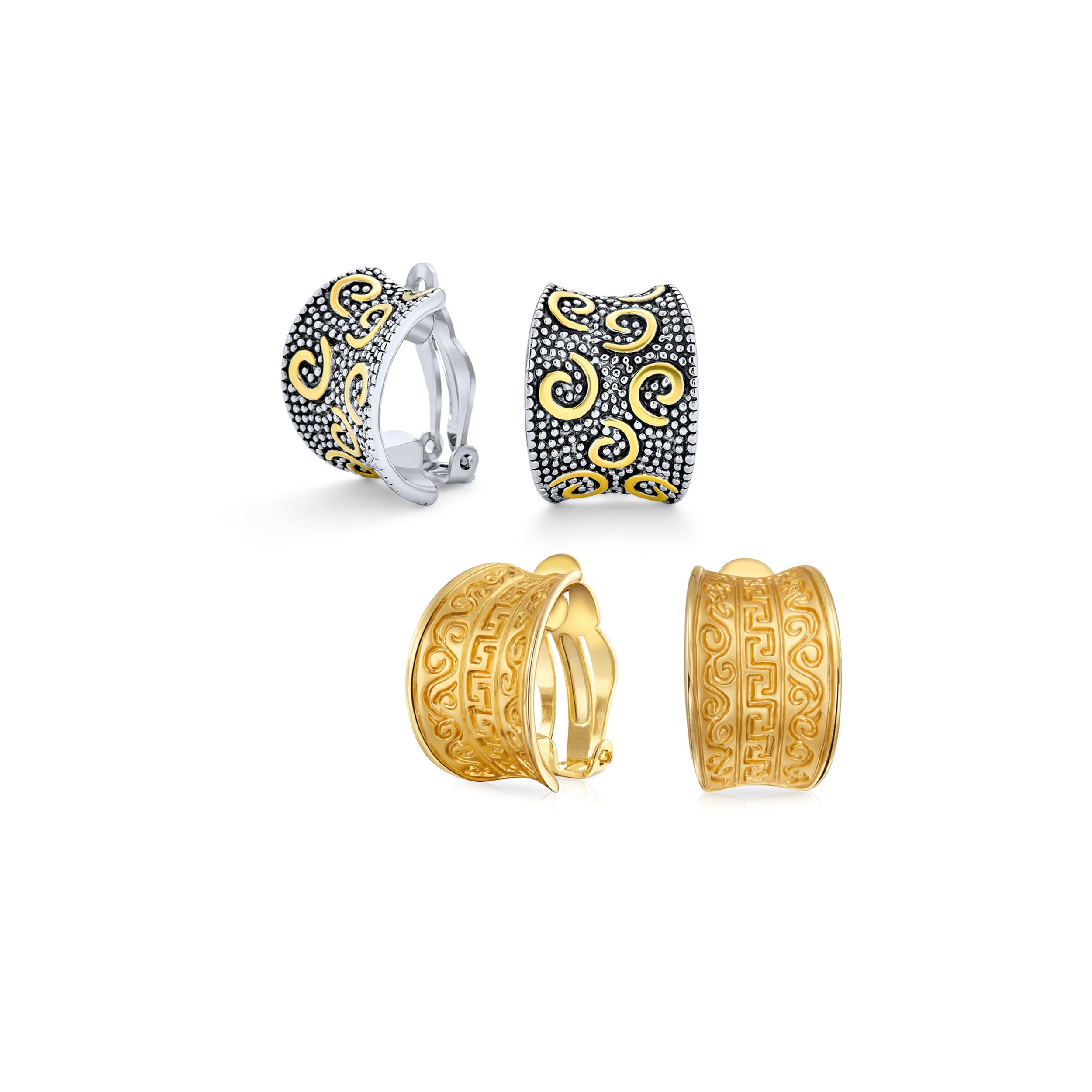 Orecchini A Clip A Mezza Cerchio Concavo Largo A Due Toni In Stile Bali Per Orecchie Non Forate In Ottone Placcato Oro Nero E Argento