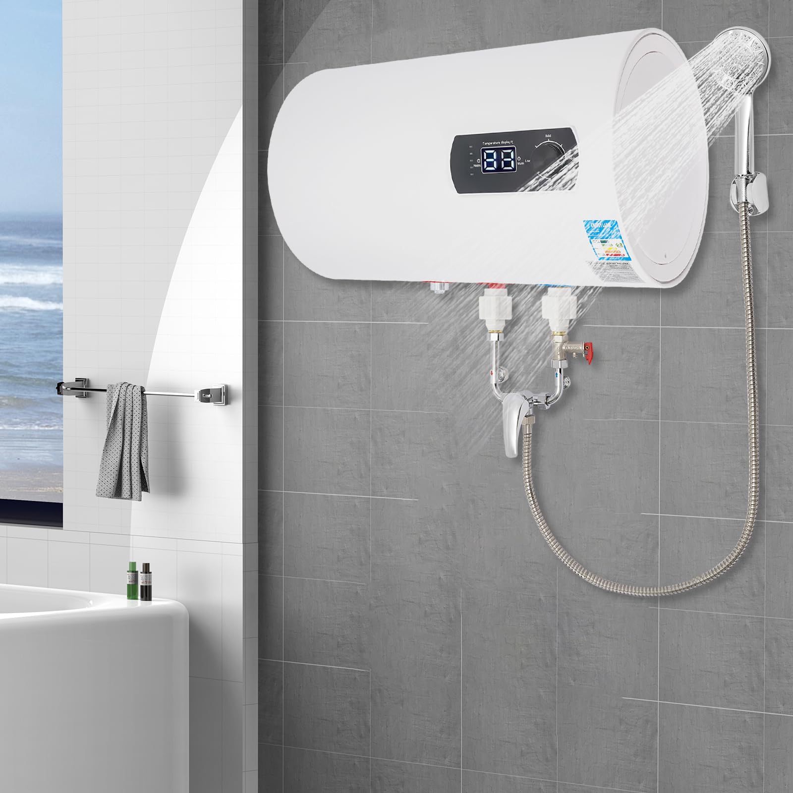 Elektryczny podgrzewacz wody, 40 l, 2000 W, IPX4, bojler wody ze słuchawką prysznicową i wężem prysznicowym, G1/2", bojler ciepłej wody do łazienki, zlewozmywaków kuchennych, przyczep kempingowych, do