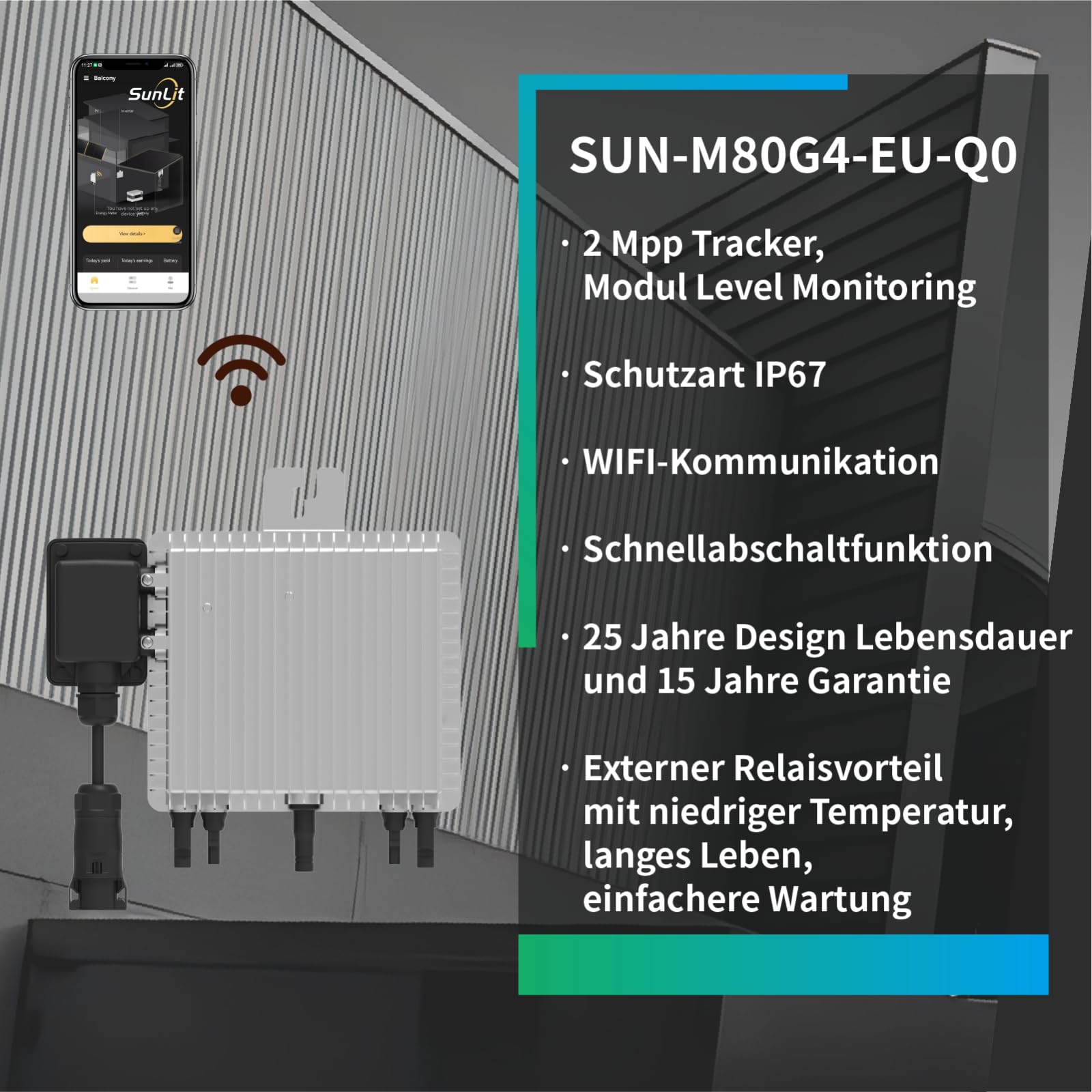 SunLit Deye SUN-M80G4-EU-Q0 800 Watt mit 5m AC-Kabel mit Schukostecker