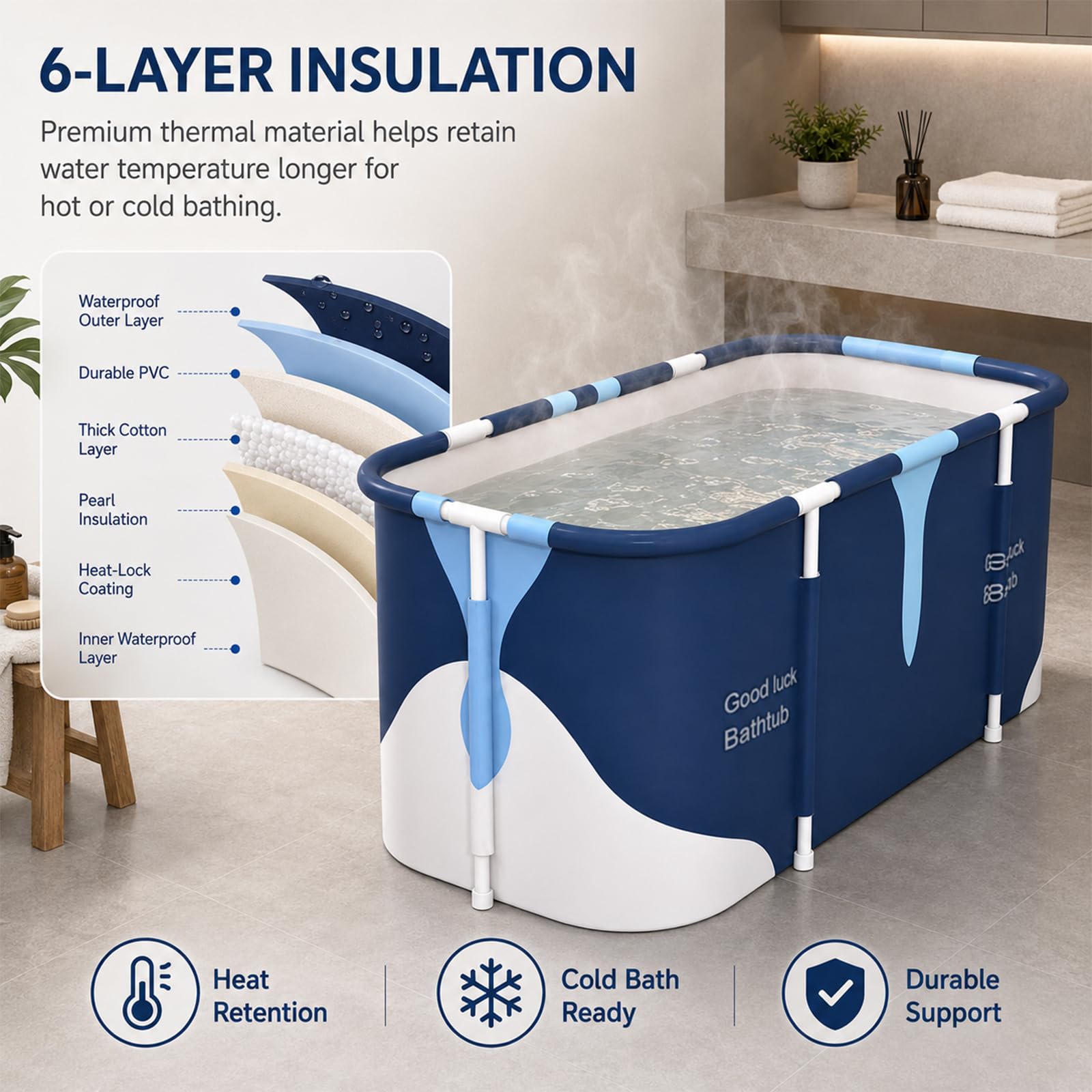 55 pollici Vasca da bagno portatile, vasca da bagno pieghevole, vasca da bagno indipendente per bagno caldo e di ghiaccio, vasca da bagno SPA per bagno, doccia, vasca da bagno portatile per ghiaccio