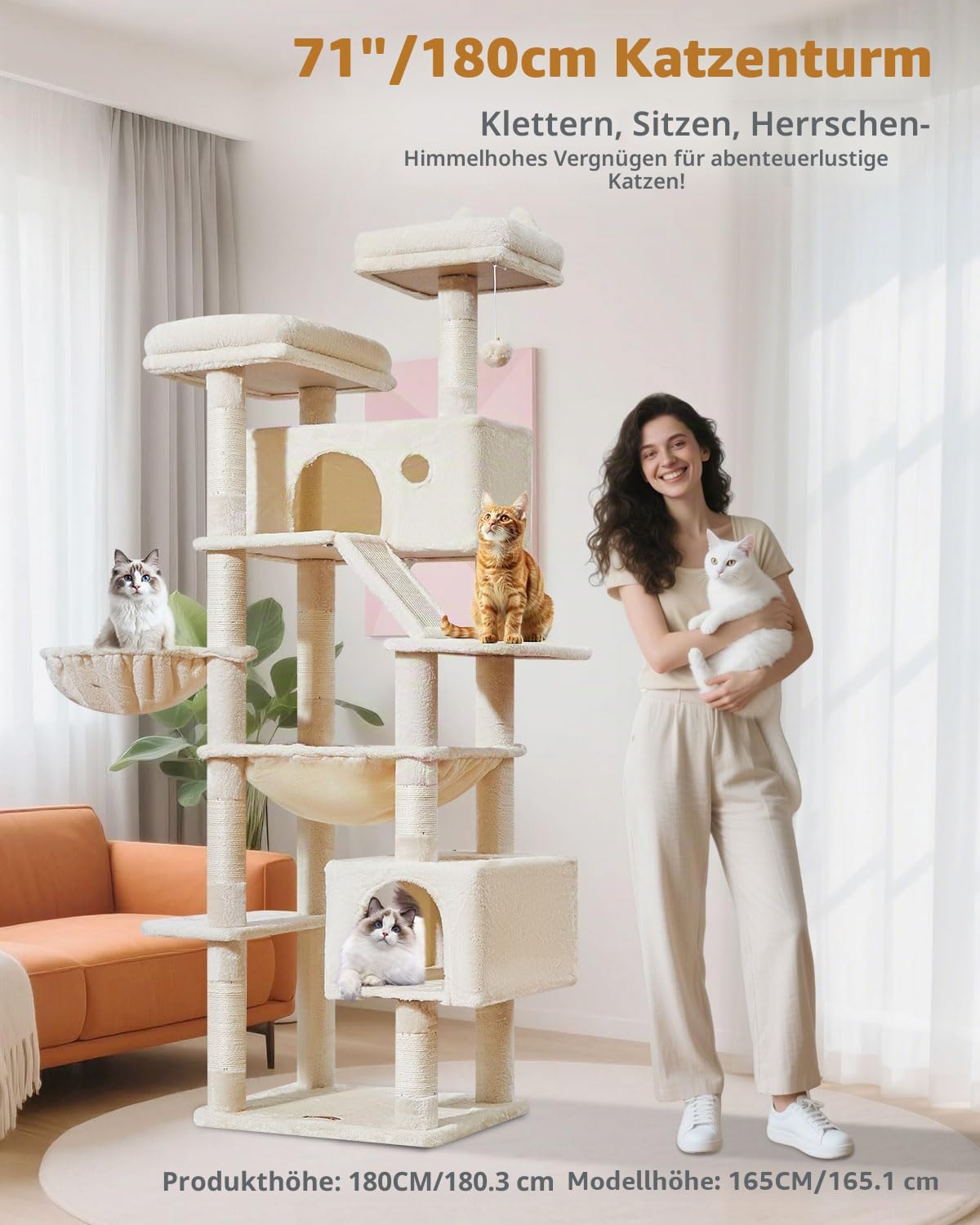 Taoqimiao 180CM Kratzbaum Groß, Katzenbaum Katzen Kratzbaum Grosse Katzen Stabil mit 2 Katzenhaus, Metallhängematte, Korb, 8 Kratzsäulen, Katzenkratztafel, MS026LM Beige