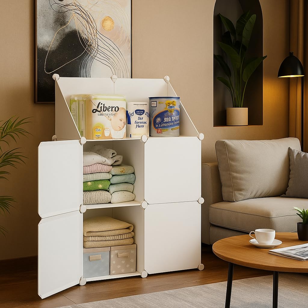 Sunderlook Plastic Wardrobe for Kids Clothes – Professional Collapsible Wardrobe, Easy to Use Foldable Almirah, Plastic Cupboard for Kids for Home (White-HH2, 4 Door)