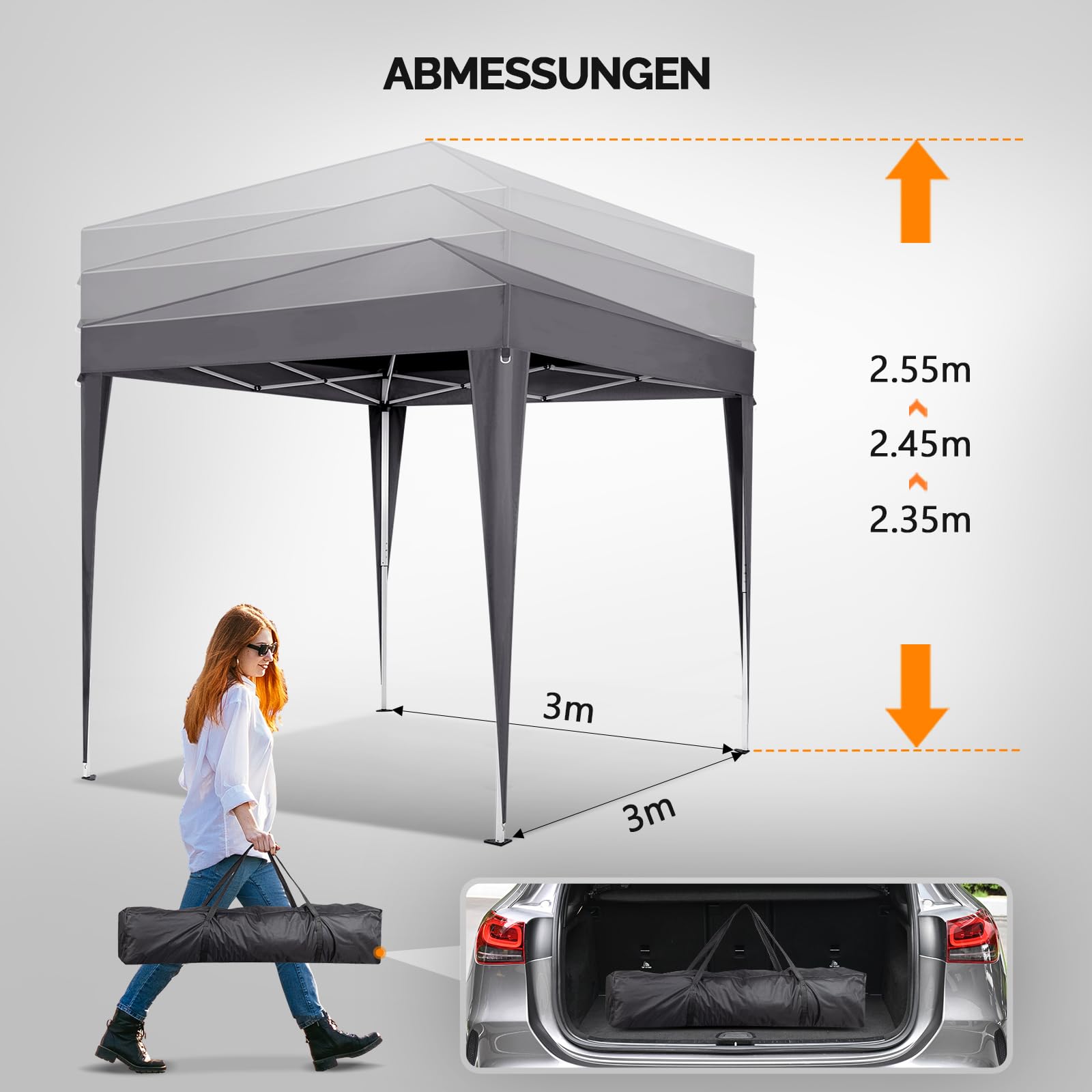 Bonnlo Pop-up Pavillon, Faltpavillon 3x3m, Höhenverstellbar, Wasserdicht Partyzelt mit 4 Seitenteilen, Gartenpavillon für Outdoor Hochzeit Garten Camping Party, Grau
