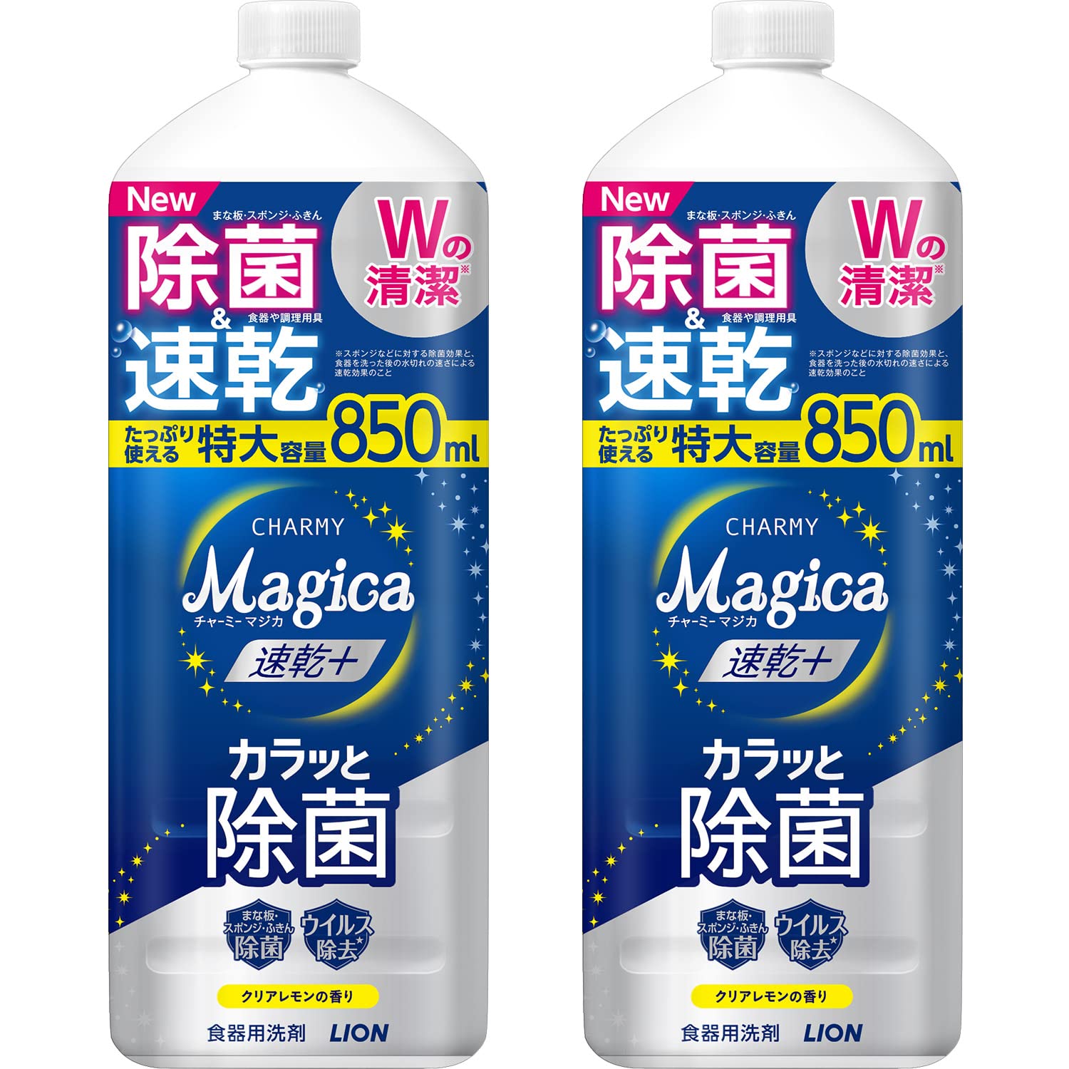 チャーミー マジカ(CHARMY Magica) 【まとめ買い】 チャーミーマジカ 食器用洗剤 速乾+カラッと除菌 クリアレモンの香り つめかえ用大型サイズ 850ml ×2個