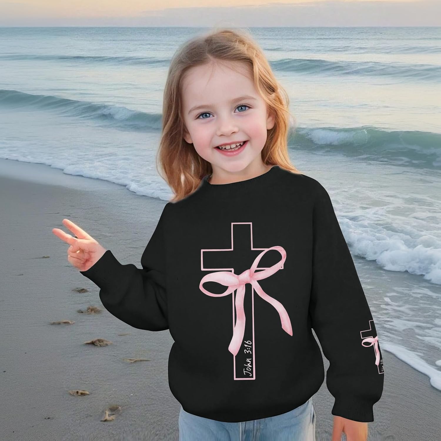 Girls Christian Sweatshirt Kids Cute Pink Bow Sweatshirts Teens Aesthetic Cross Graphic Long Sleeve Shirt Pullover Top - Image 4