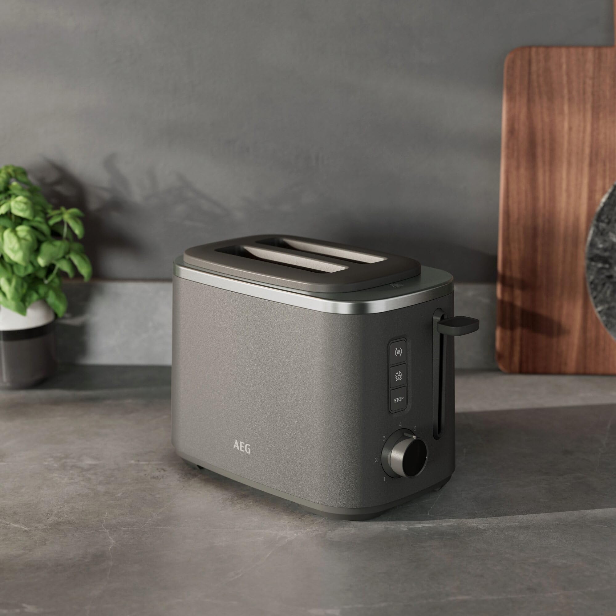AEG Toaster Deli 5, 7 Toasteinstellungen, Countdown-Timer, Stopp-, Auftau-, Aufwärmknopf, Automatische Zentrierung, Cool-Touch-Gehäuse, 2 Breite Schlitze, Krümelschublade, Anthrazit, T5-1-4AN