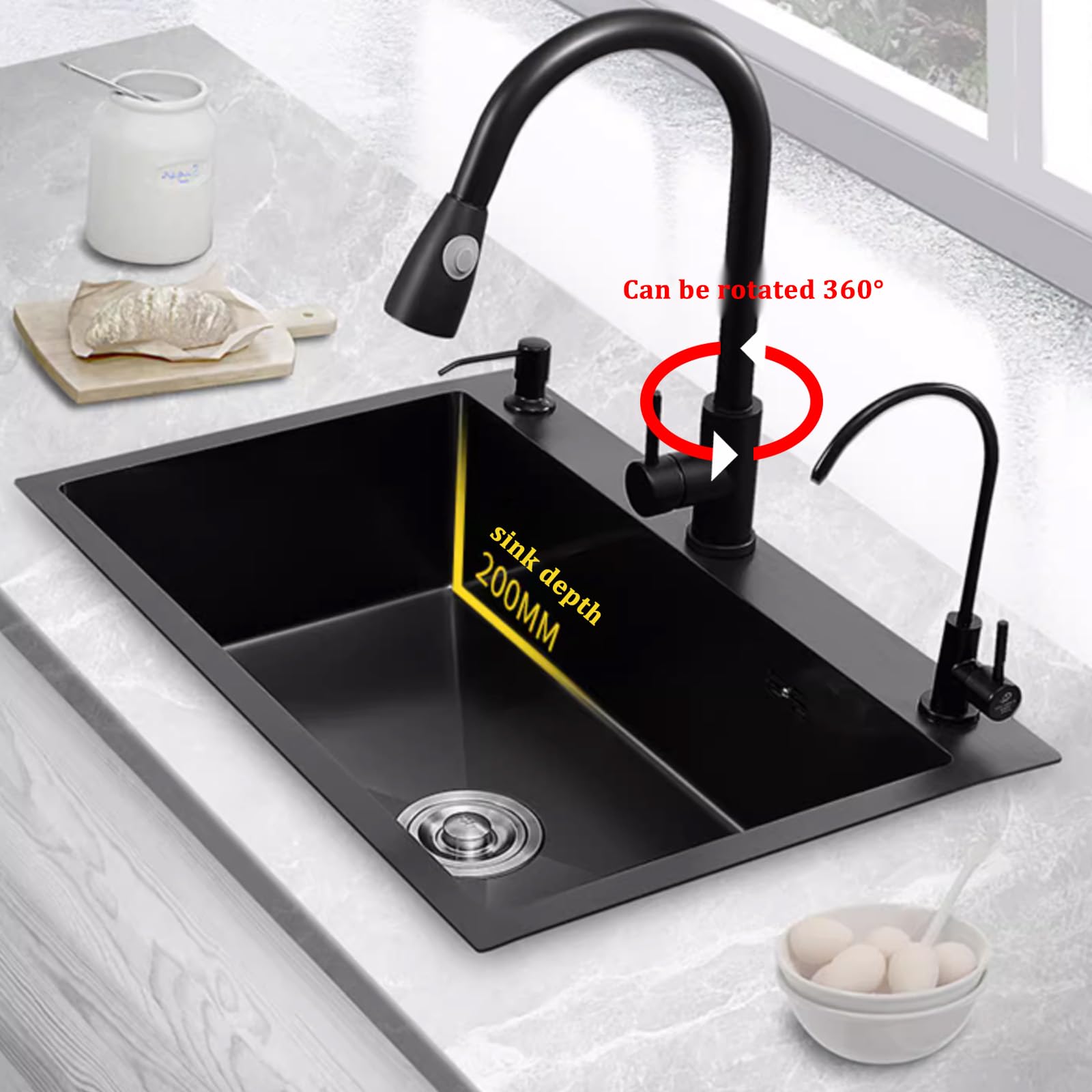 Fregadero de cocina de acero inoxidable, grifo extraíble negro, fregadero de una sola taza, accesorios completos (80 x 50 x 20 cm)