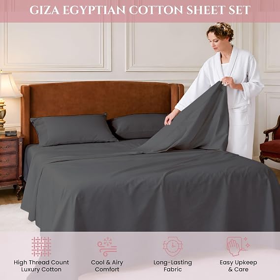 MyGiza Sheets 4 Pcs Top Split King Sheet Sets for Adjustable Bed, 100% Giza Cotton Perfect for Sleep Number Beds, King 34 Down Flex Head, Fits 16 Deep Mattress, Dark Grey Solid