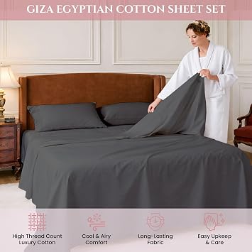 MyGiza Sheets 4 Pcs Top Split King Sheet Sets for Adjustable Bed, 100% Giza Cotton Perfect for Sleep Number Beds, King 34 Down Flex Head, Fits 16 Deep Mattress, Dark Grey Solid