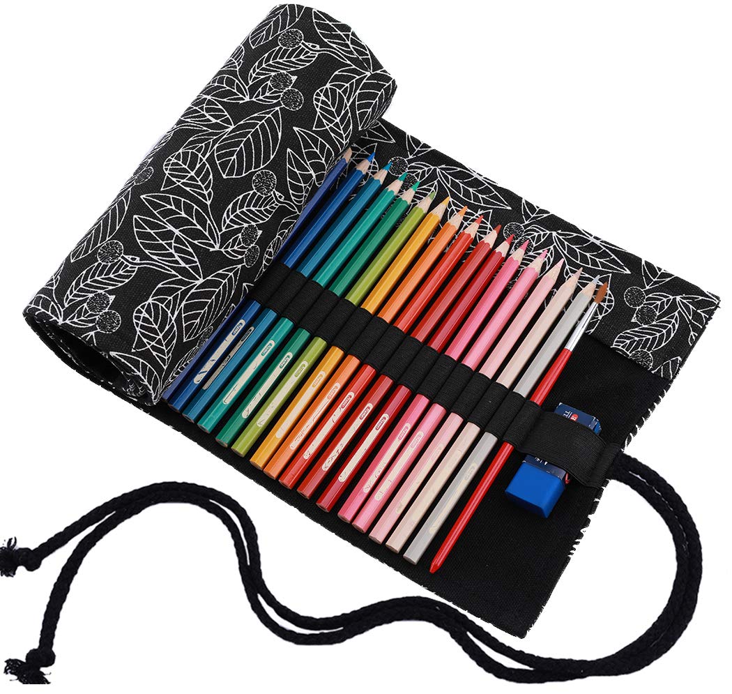 Astuccio Portamatite A Rotolo In Tela, 48 Fori, Per Matite Colorate E Pennarelli, Protezione Punta, Organizer Da Viaggio (Nero Con Motivo Bianco) - 5