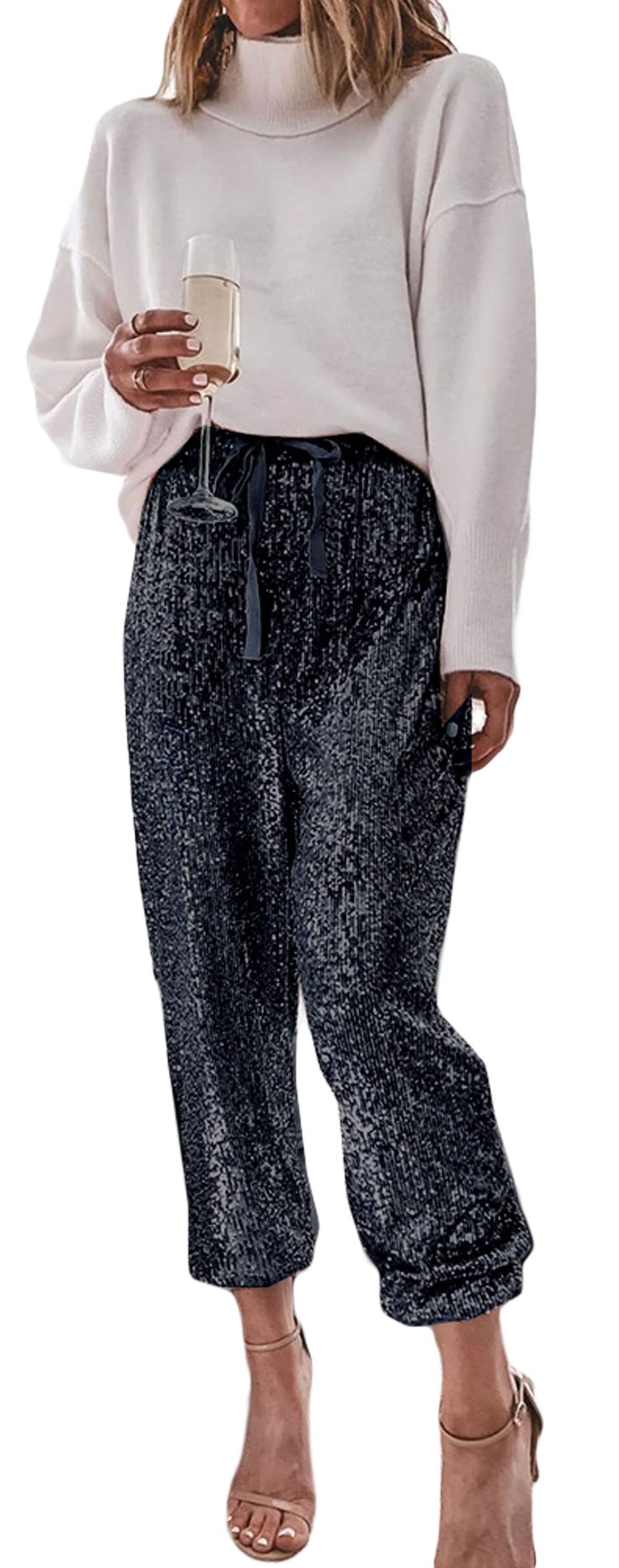 loveimgs Womens Glitter Sequin Pants Party Elastic Waist Drawstring Lounge Pants