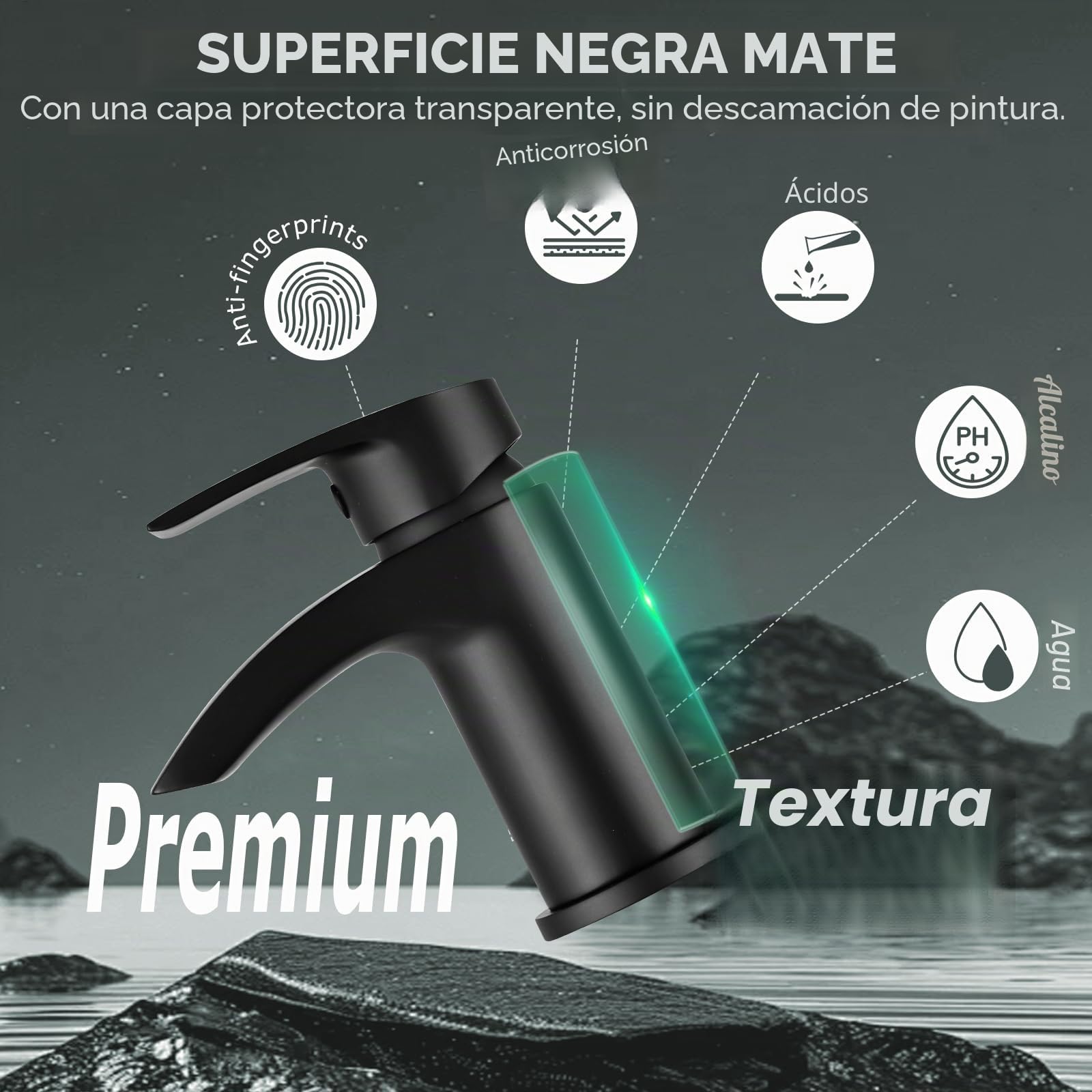 Grifos mezcladores para lavabo, color negro cascada con ranurados emergentes para desagüe de baño, monomando monomando de 1 agujero, monomando moderno con mangueras G1/2 pulgadas, grifo redondo para