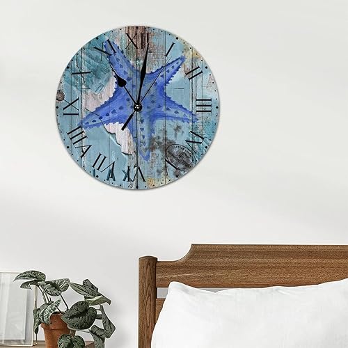 Miniatura 44 de ArogGeld Reloj de pared de PVC de mediados de siglo, concha, números de playa, estilo océano con números romanos de 10 pulgadas, funciona