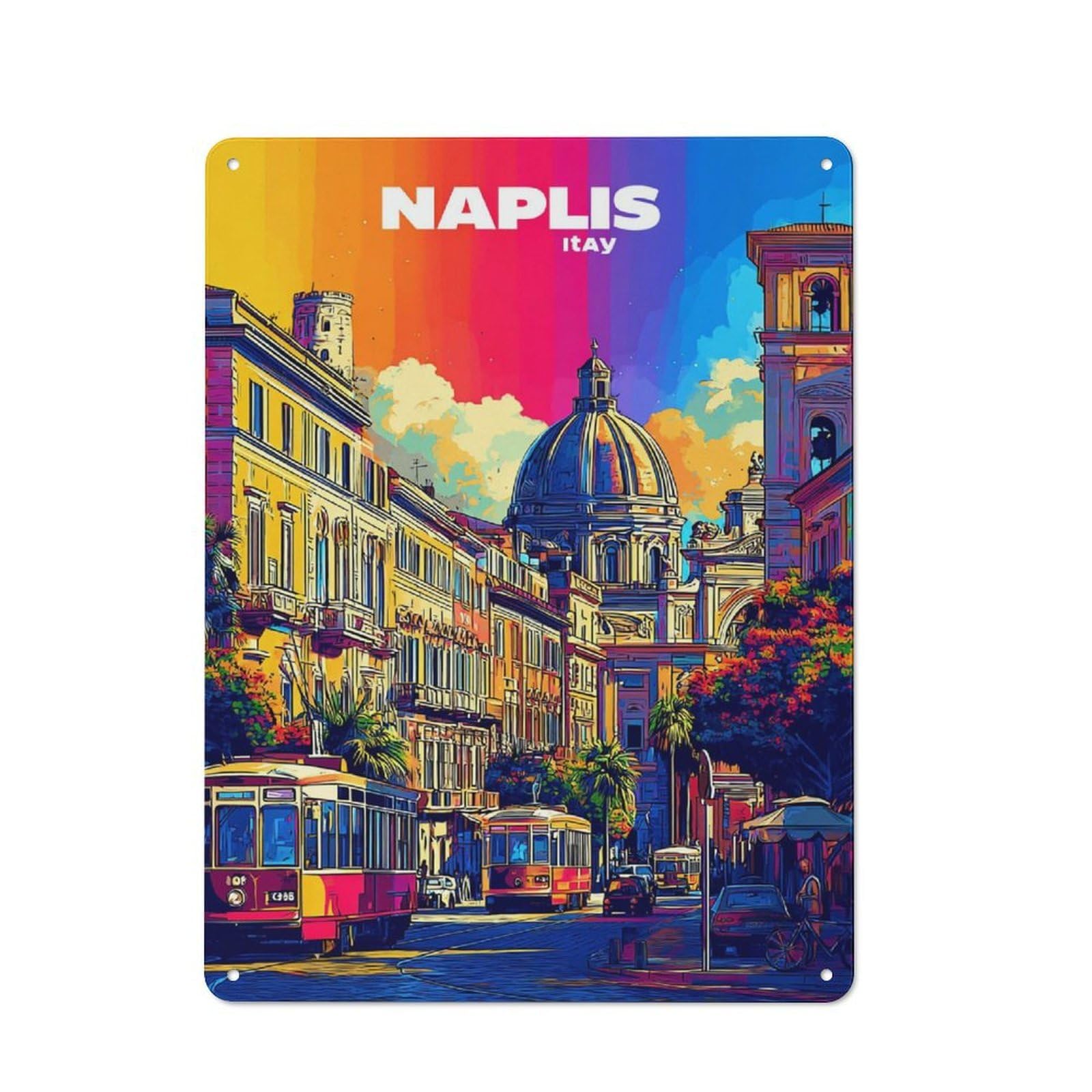 Junmoney Colorful Naples Streetscape Retro Metal Sign With Design 40X30cm, Distressed Look Retro Room Decor For Living Room, Hallway, Kitchen Or Cafe