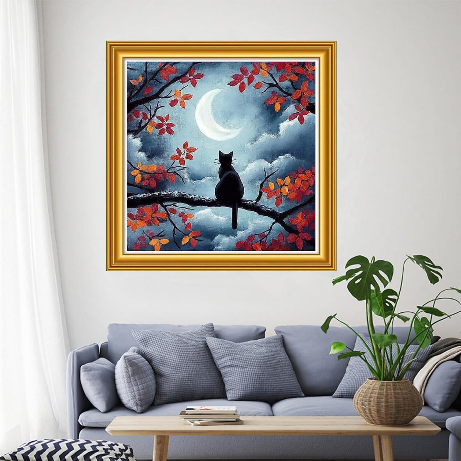 Funchey Stamped Cross Stitch Kits, DIY Cross Stitch Pattern for Adults Beginners Needlepoint Kits Embroidery Kit Arts and Crafts 11CT&Cat Admiring the Moon 18x18 inch