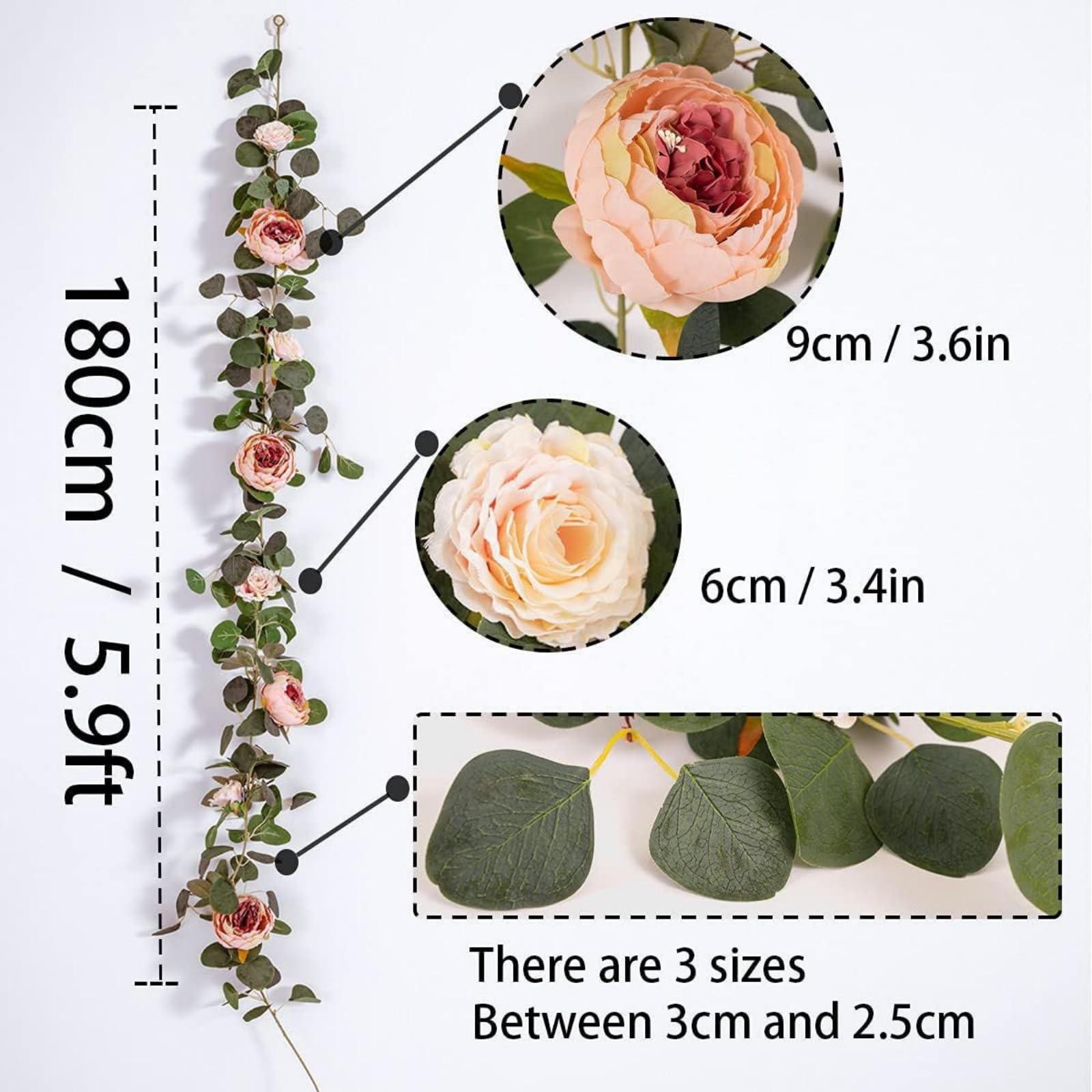 Eukalyptus Seiden Rosen Pfingstrosen Girlande Deko, Blumengirlande Eukalyptus Girlande Vintage Gefälschte Blume Pfingstrose Für Klimaanlage Decke Wohnzimmer Hochzeit Feste (Weiß,3 Stück)