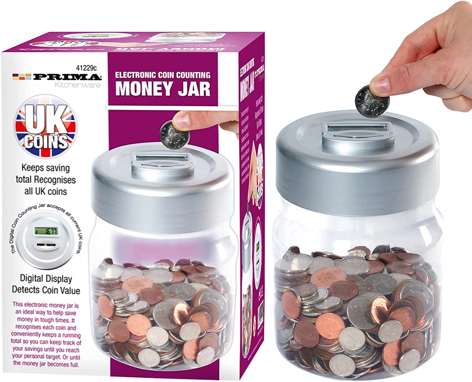 Electronic Money Coin Counting Jar – Digital Piggy Bank, Store Your Savings in This Safe | LCD Display Lid to Check Savings | Charity Collector – Unisex for Kids & Adults | Uk Money, Coins & Notes