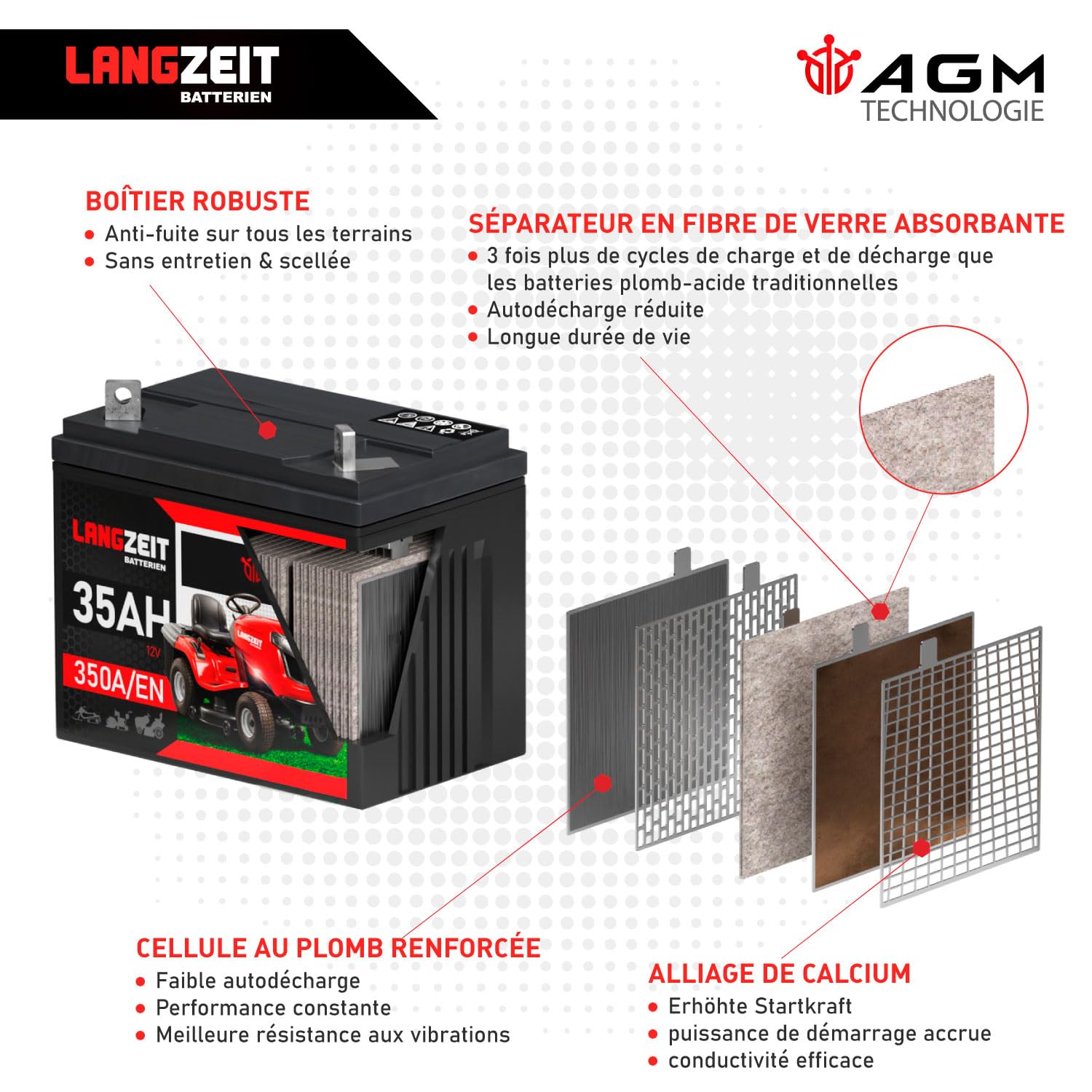 LANGZEIT Batterie Tracteur Tondeuse 12V 35Ah AGM U1R pôle Positif à Droite