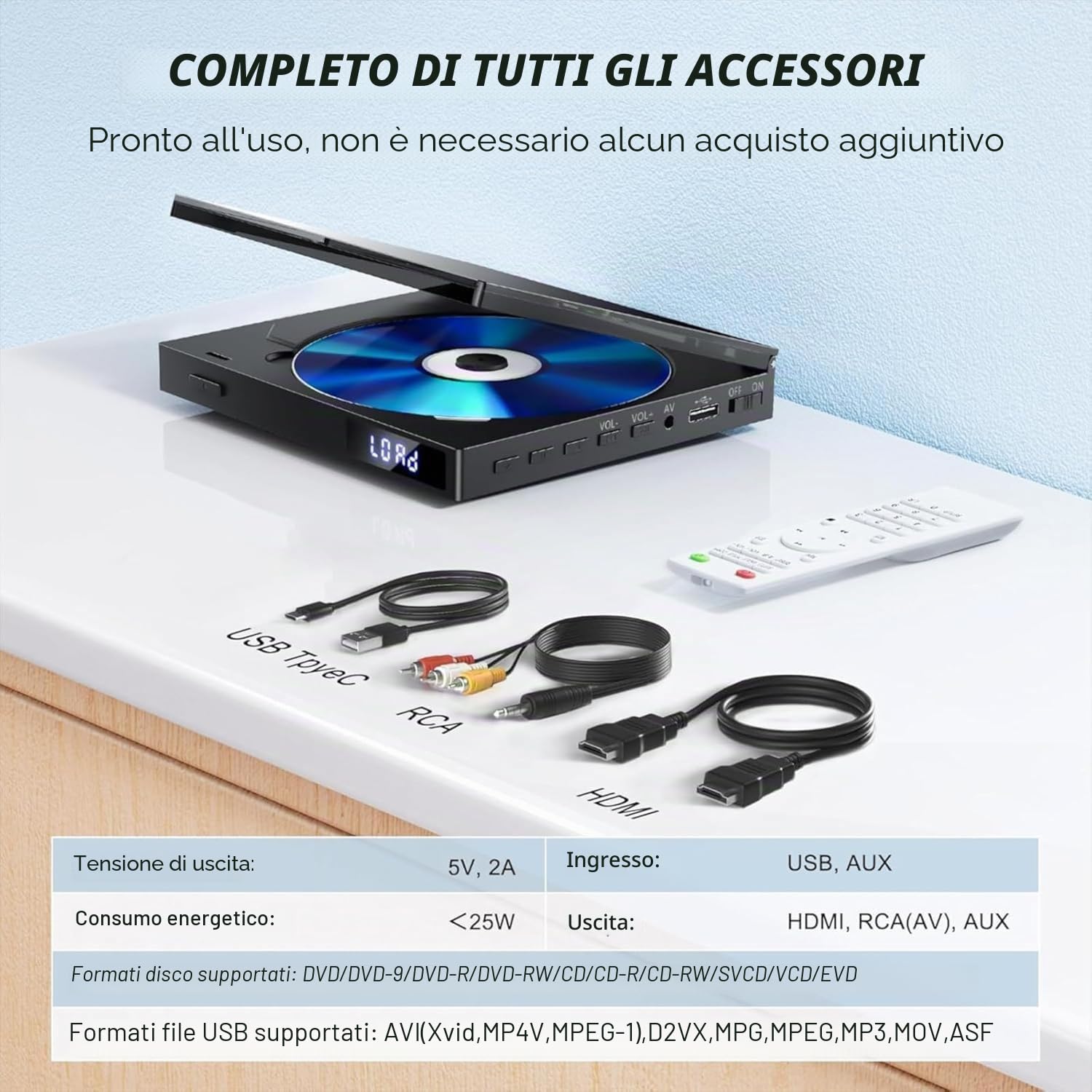 Lettore DVD Super Slim, Lettore DVD Compatto per TV, Player con Altoparlante HiFi Integrato, Uscita USB, Porta AUX da 3,5mm, PAL/NTSC Integrato