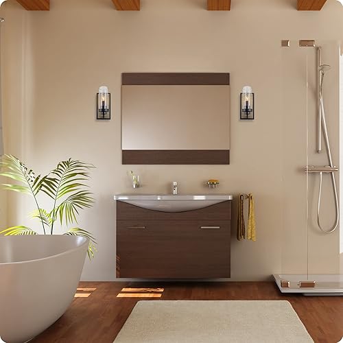 Miniatura 2 de Kira Home Sierra - Aplique de pared moderno de 11 pulgadas + pantalla de vidrio transparente, estilo madera de abedul ahumado + acabado negro