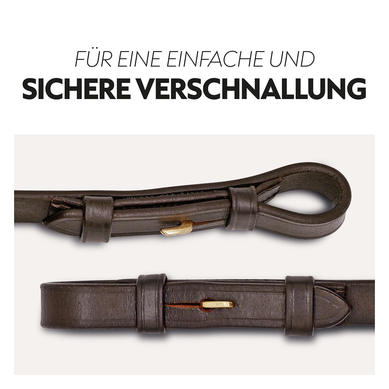 SUNRIDE riendas de Seguridad para Caballo (NoPanic) con Cierre magnético – Sistema MagneticForce – Goma con topes – Cuero auténtico Hecho a Mano – Antideslizantes y Resistentes (marrón, Full)
