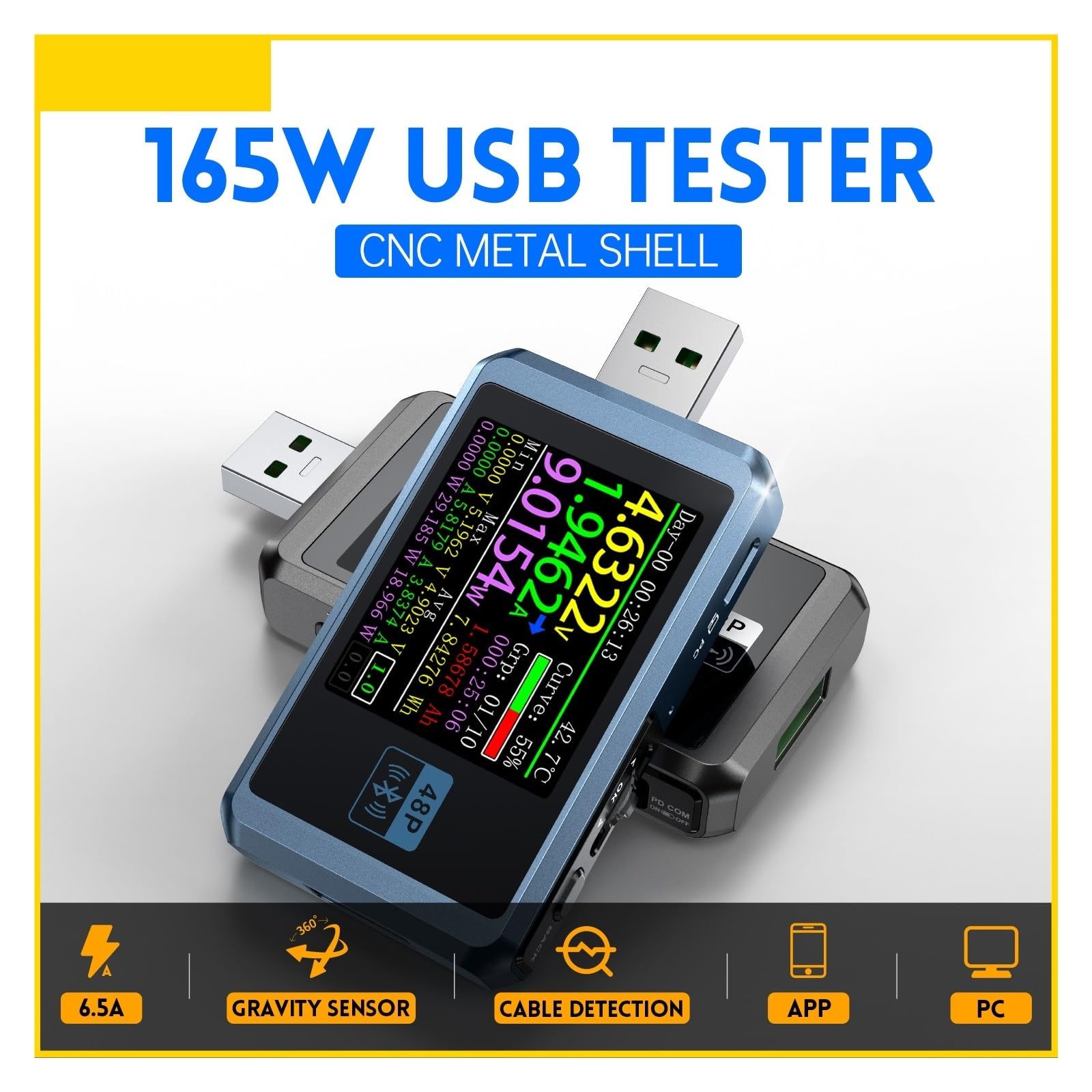 Tester USB FNB48P Tester napięcia prądu USB Wyzwalacz PD QC4.0 + PD3.0 2.0 TYPE-C Test pojemności szybkiego wykrywania ładowania 1,77 cala(With bluetooth)