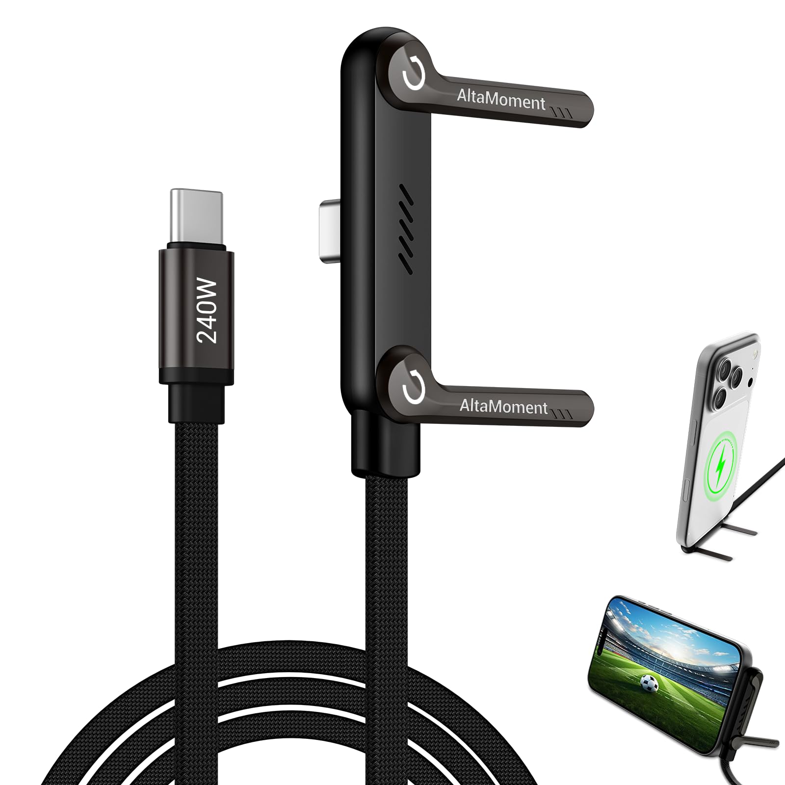 AltaMoment タイプc 充電ケーブル スタンド付き 240W急速充電 PD対応 USB C to USB C ケーブル Type-C ケーブル 480Mbpsデータ転送 T字型 360度回転 折りたたみ式スマホスタンド マルチ機能 高耐久ナイロン編み 充電コード 1.5M