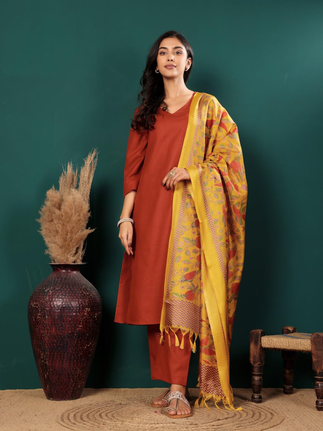 Varanga Womens V-Neck Straight Kurta Set With Pants & Dupatta  Chic Ethnic Wear For Weddings, Festivals & Special Occasions (Sjs_Vskd32943_Vardup2210-L)
