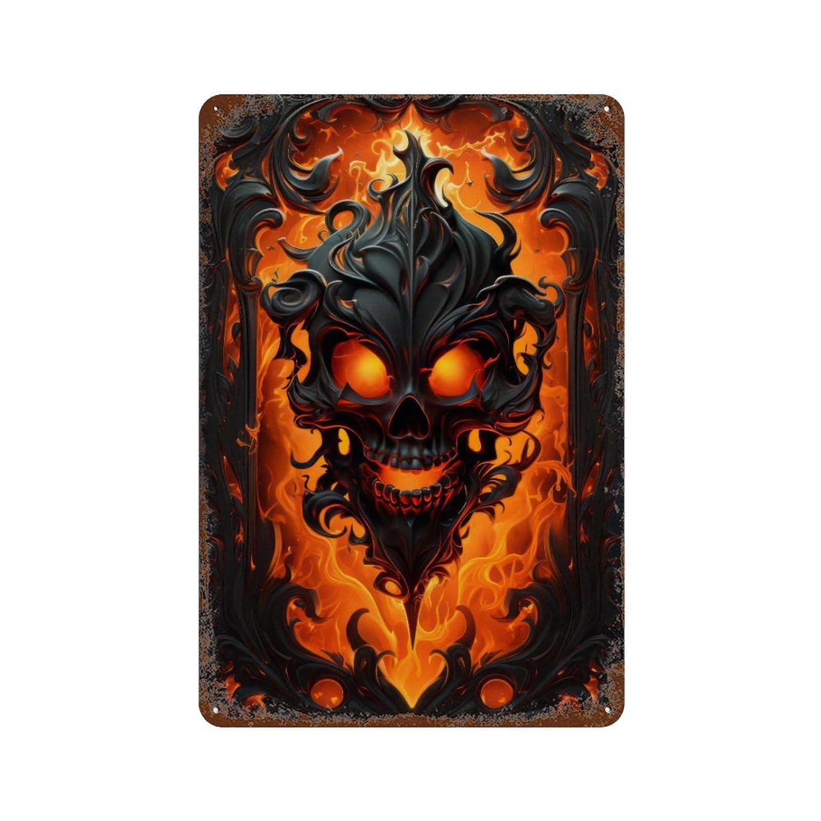 Flaming Gothic Skull Artwork 11.8"x7.9" Decorative Tin Sign, Retro Wall Decor for Bistro, Counter And Cafe Decor