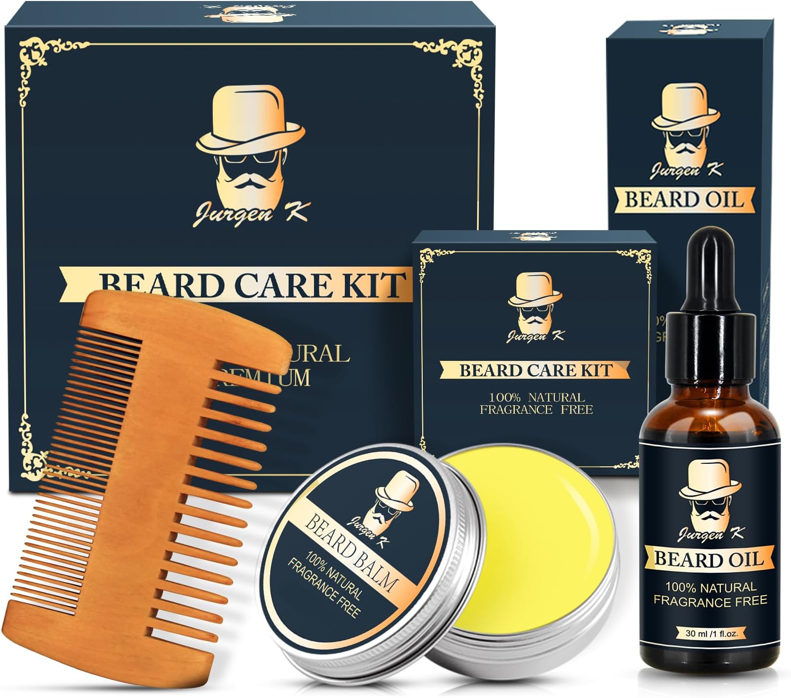 Beard Grooming Kit - Beard Care Kit for Men, Beard Growth Kit 5 in 1 Beard Oil and Balm, Wooden Beard Brush and Comb, Sharp Beard Scissors Luxury Gift Box and .