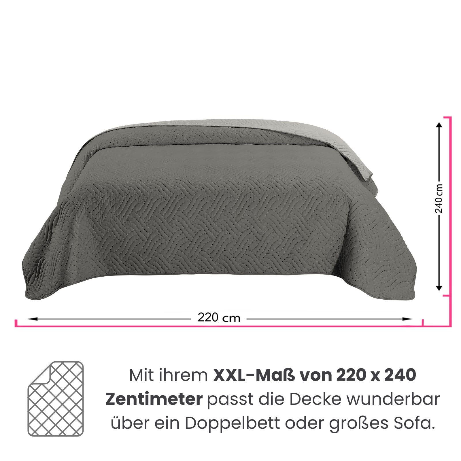 Wometo OekoTex Narzuta 220 x 240 cm - Poszewka z Mikrofibry, Szara, Watowana, Pikowana, Dwustronna, XXL, na Sofę i Łóżko