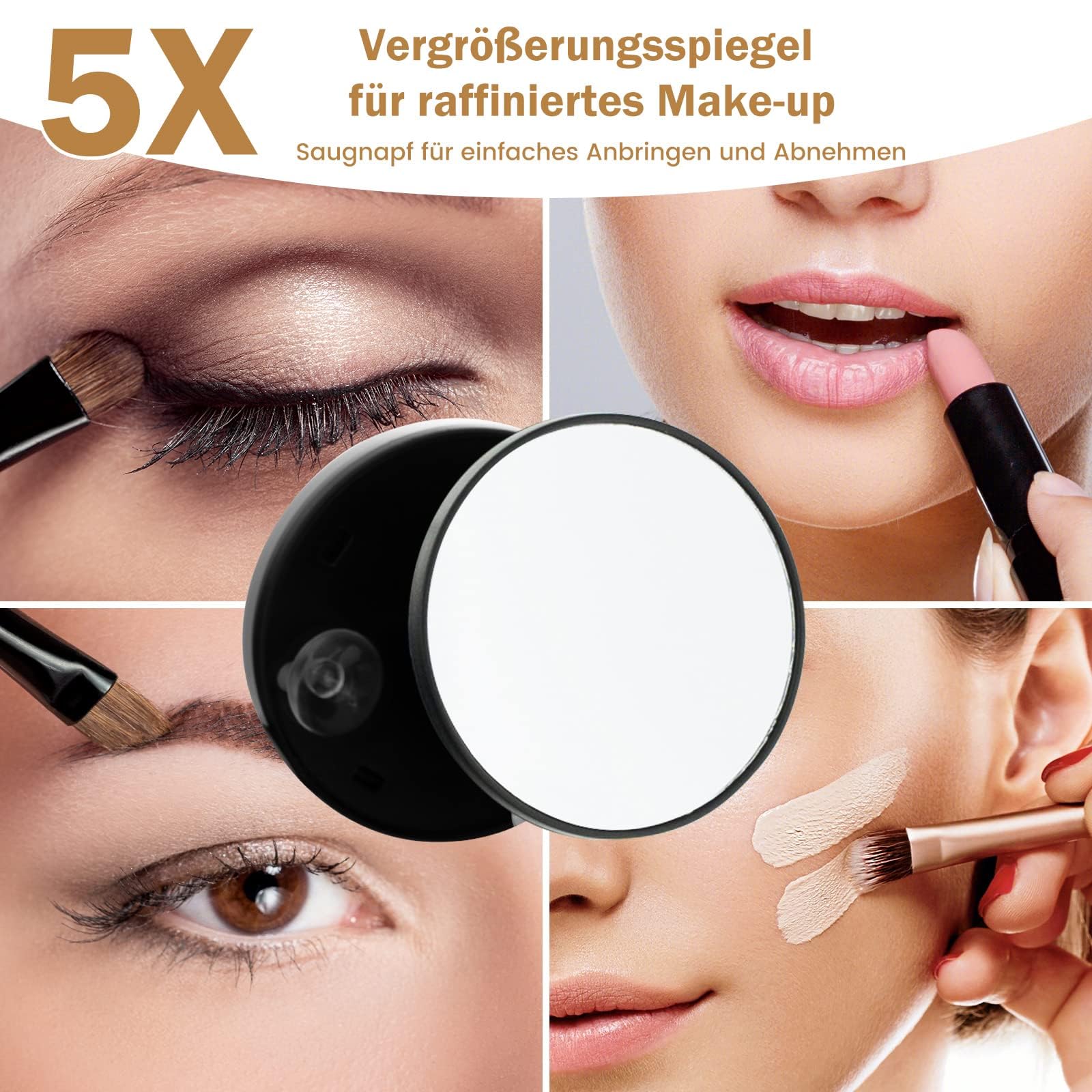 FANTASK Espejo de Maquillaje con 3 Colores de luz, Espejo Hollywood con Aumento 5X, iluminación, Brillo Ajustable, Espejo de Maquillaje Giratorio de 360°, Control táctil