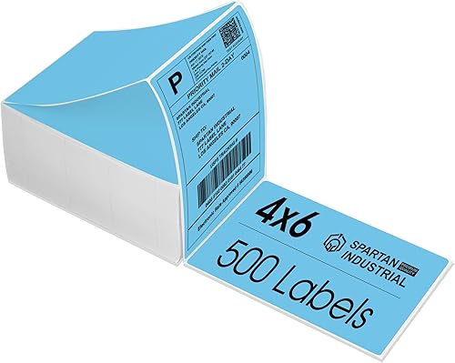Etiquetas térmicas directas Spartan Industrial de 4" x 6" azules con abanico para envío | (500 etiquetas totales de 4x6 con abanico) | Compatibles