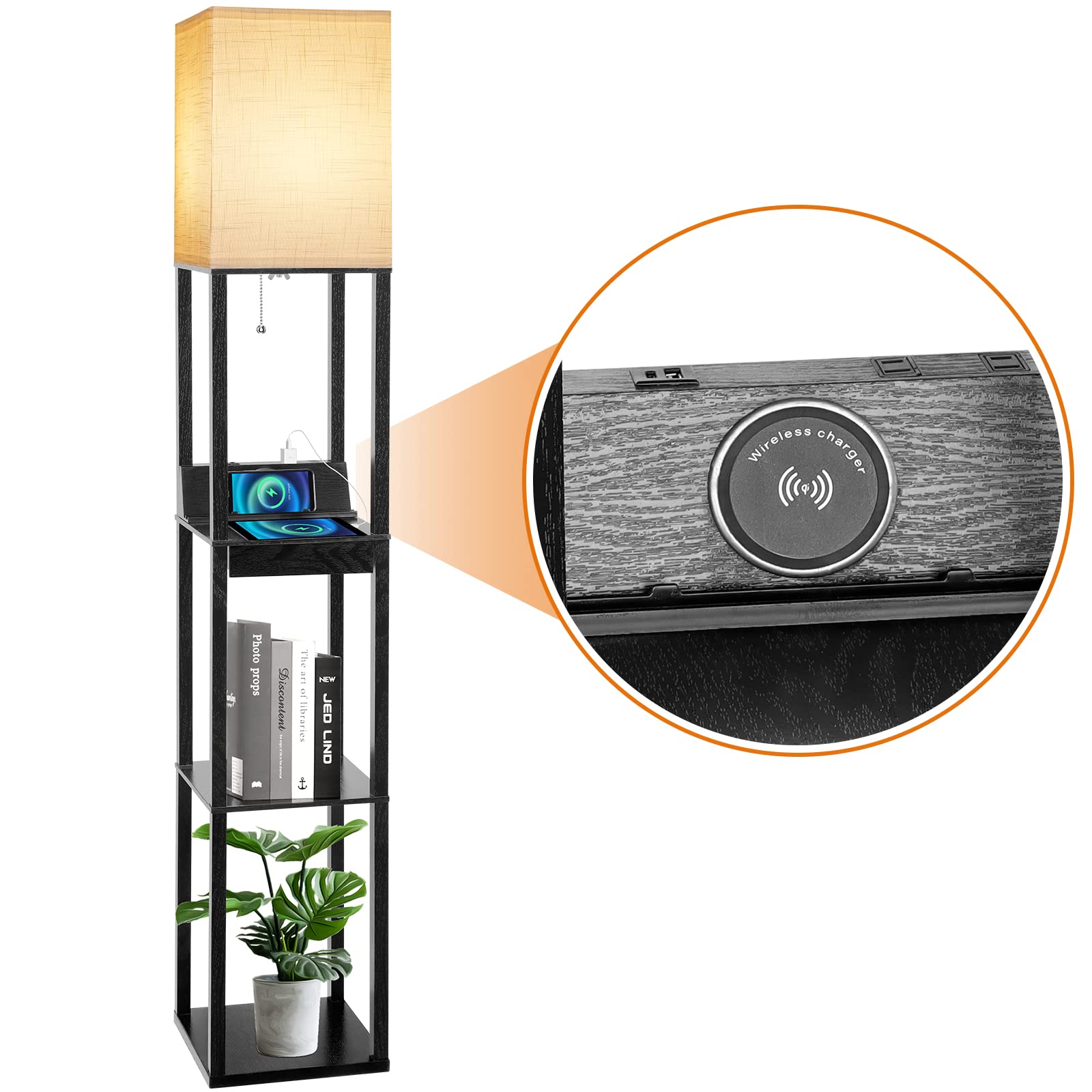 OUTON Dimmable Floor Lamp with Shelves, USB Ports & Power Outlet, Remo