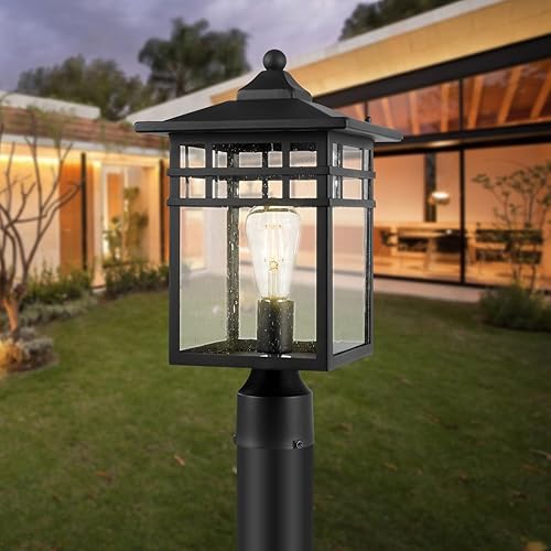 Miniatura 6 de Lámpara de poste para exteriores, linterna exterior grande con acabado negro y vidrio sembrado, lámpara de montaje en muelle cuadrado de 9 pulgadas