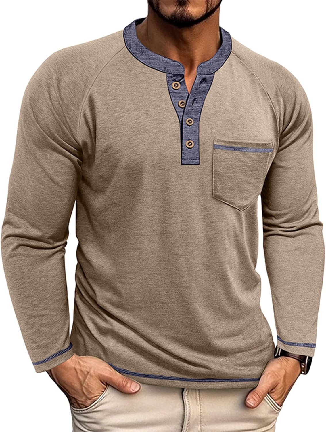 Mens Henley Shirts Long Sleeve Casual T-Shirts Basic Classic Vintage Cotton Tee Shirts Pocket Button Shirt