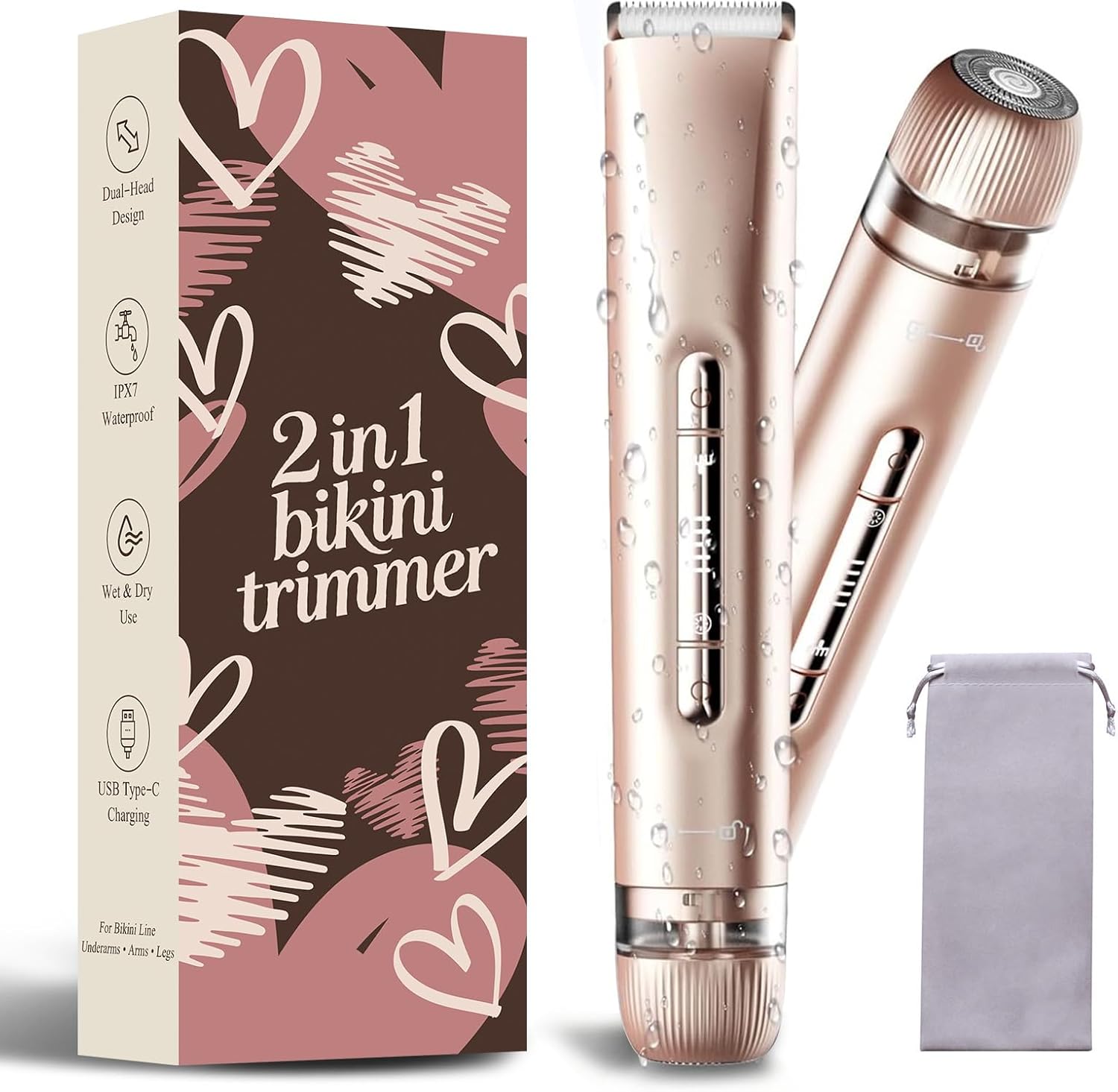 Bikini Trimmer for Women 2-in-1 Waterproof Electric Shaver | Dual-head design for face & body, wet/dry use, painless shaving, and cordless build for smooth, silky results anywhere