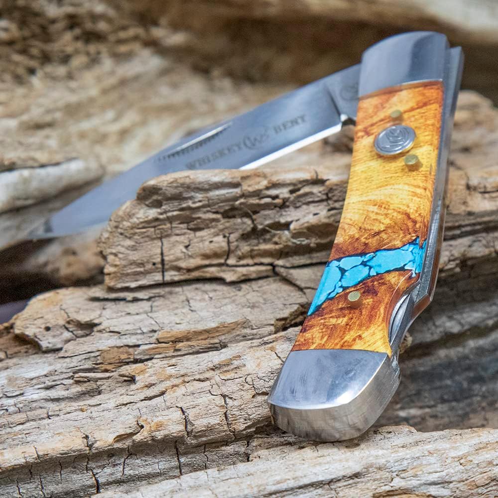 WHISKEY BENT HAT CO. Traditional Lock Blade Folding Pocket Knife 3.75" Closed Length 440C Stainless Steel Blade (Turquoise River)