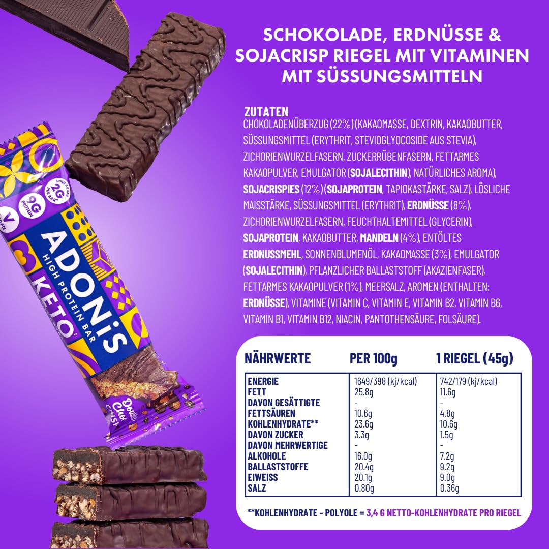 Adonis Keto Riegel Erdnussbutter-Karamell – 16 x 45g | Low-Carb Eiweißriegel | 9g Protein, 2g Zucker | Keto-freundlich, ballaststoffreich | Ohne Zuckerzusatz (Schokolade)