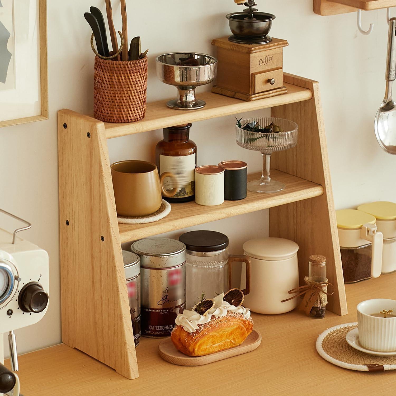 Kaffeestation Organizer, Holz Arbeitsplatte Regal für Tee Kaffee Bar Zubehör, Küche Lagerregal für Tassen, Pods und Gewürze, Kleiner Matcha-Ständer für Zuhause oder Büro