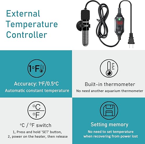 Miniatura 3 de Pequeño calentador sumergible para acuario, mini calentador ajustable para pecera de 2550100150200300 vatios con controlador de temperatura externo,
