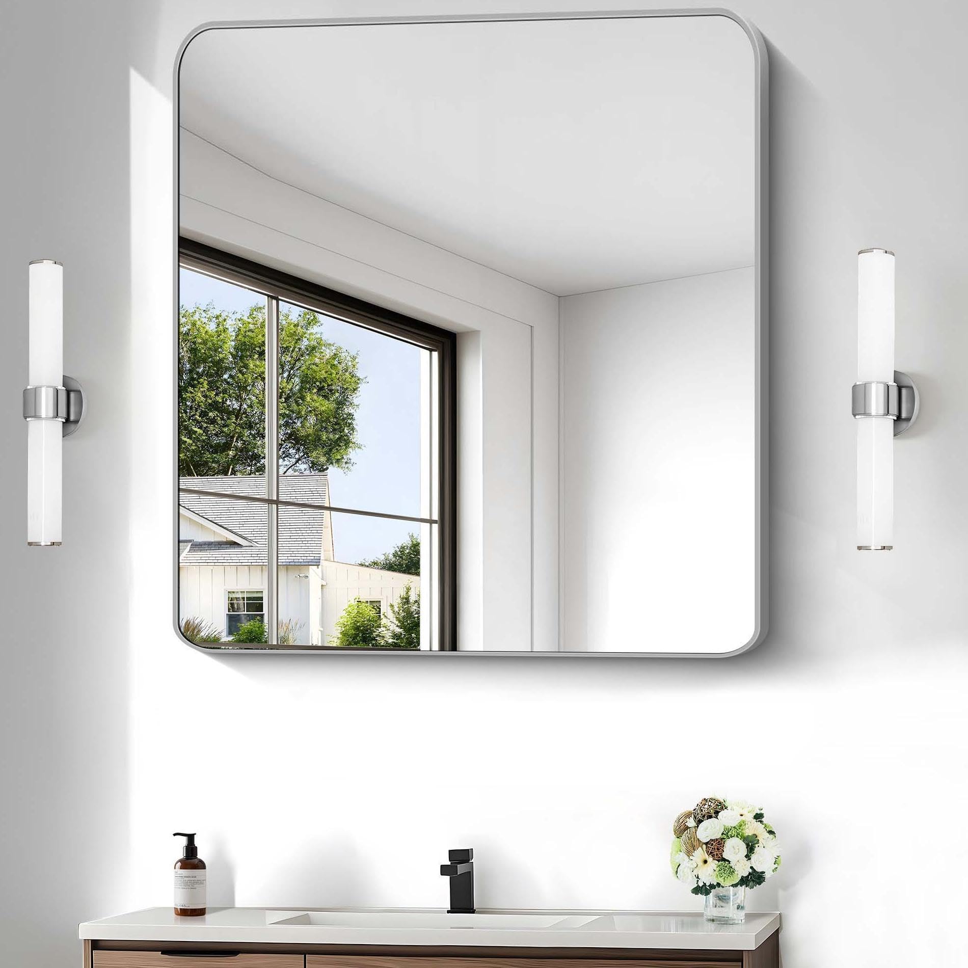 Silver Bathroom Mirror, 30 x 36 Inch Metal Framed Silver Rectangle Mirror, Rounded Corner Rectangular Vanity Mirror, Wall Mounted Mirror for Living Room Bedroom Entryway Horizontal/Vertical
